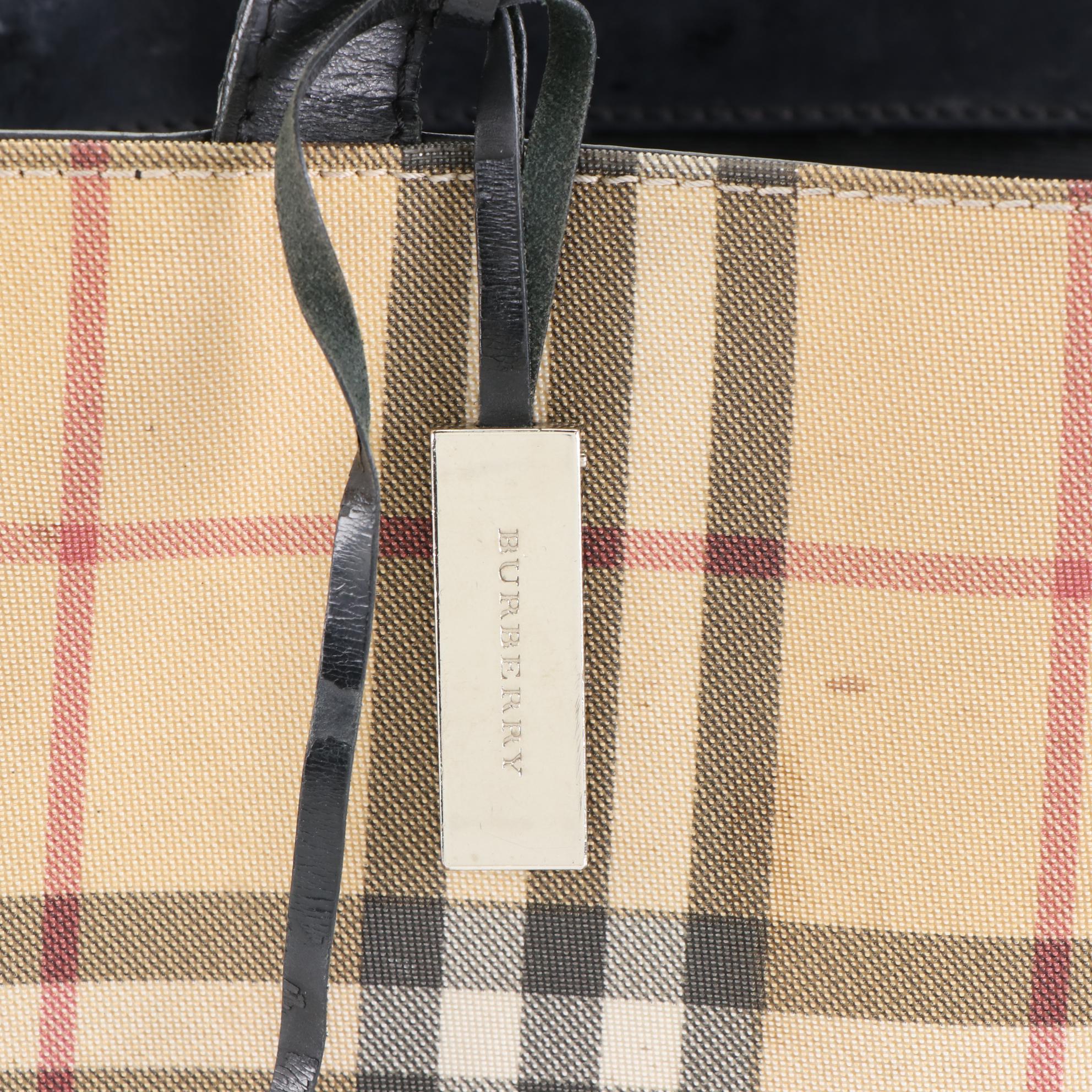 Burberry Tote Bag in Nova Check Canvas and Black Leather Trim