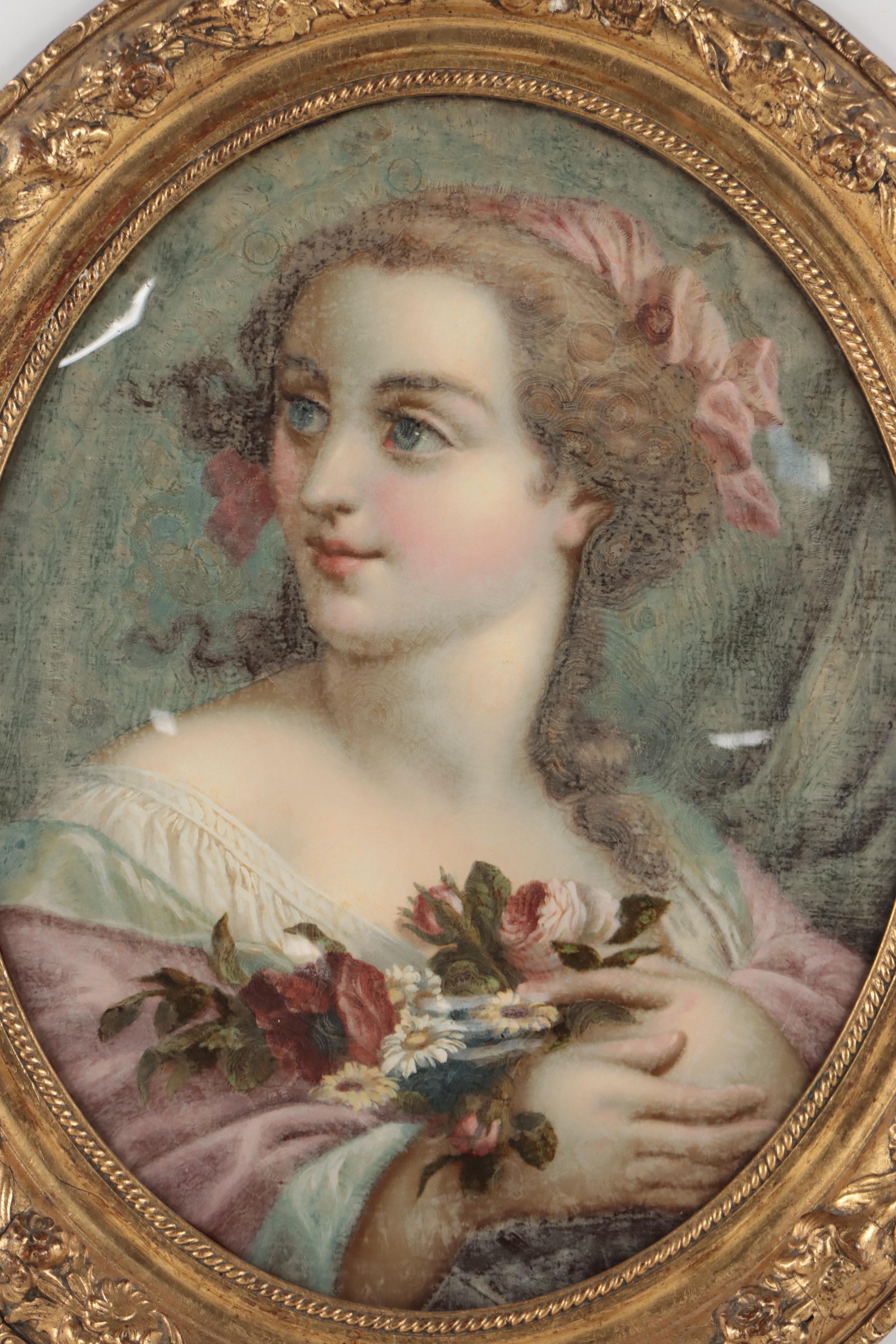 French School Oil Painting of Figure Holding Flowers, 18th or 19th Century