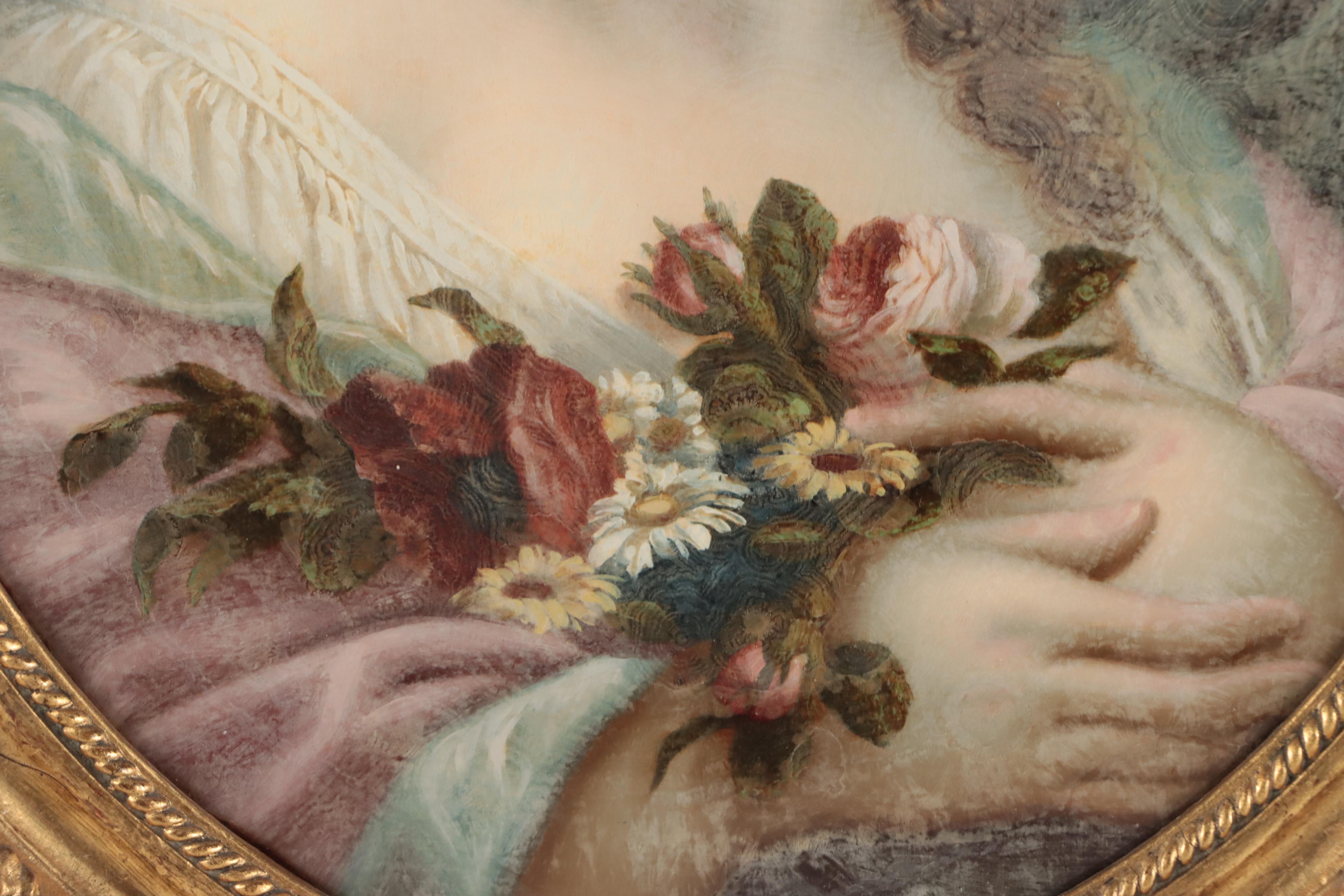 French School Oil Painting of Figure Holding Flowers, 18th or 19th Century