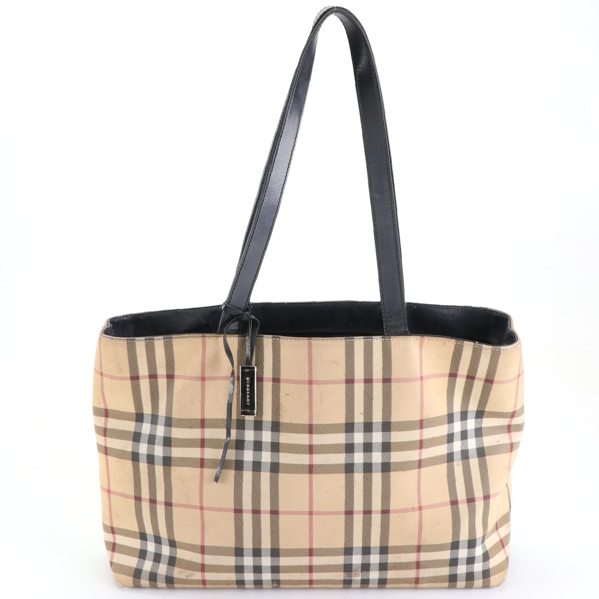 Burberry Tote Bag in Nova Check Canvas and Black Leather Trim