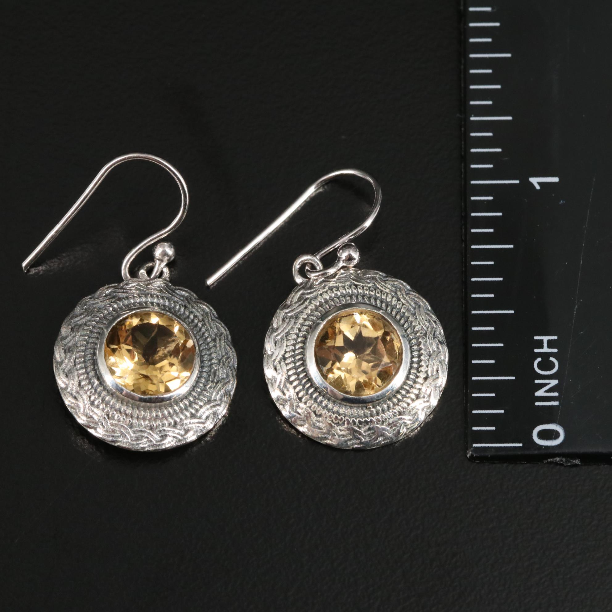 Sterling Citrine Circle Drop Earrings