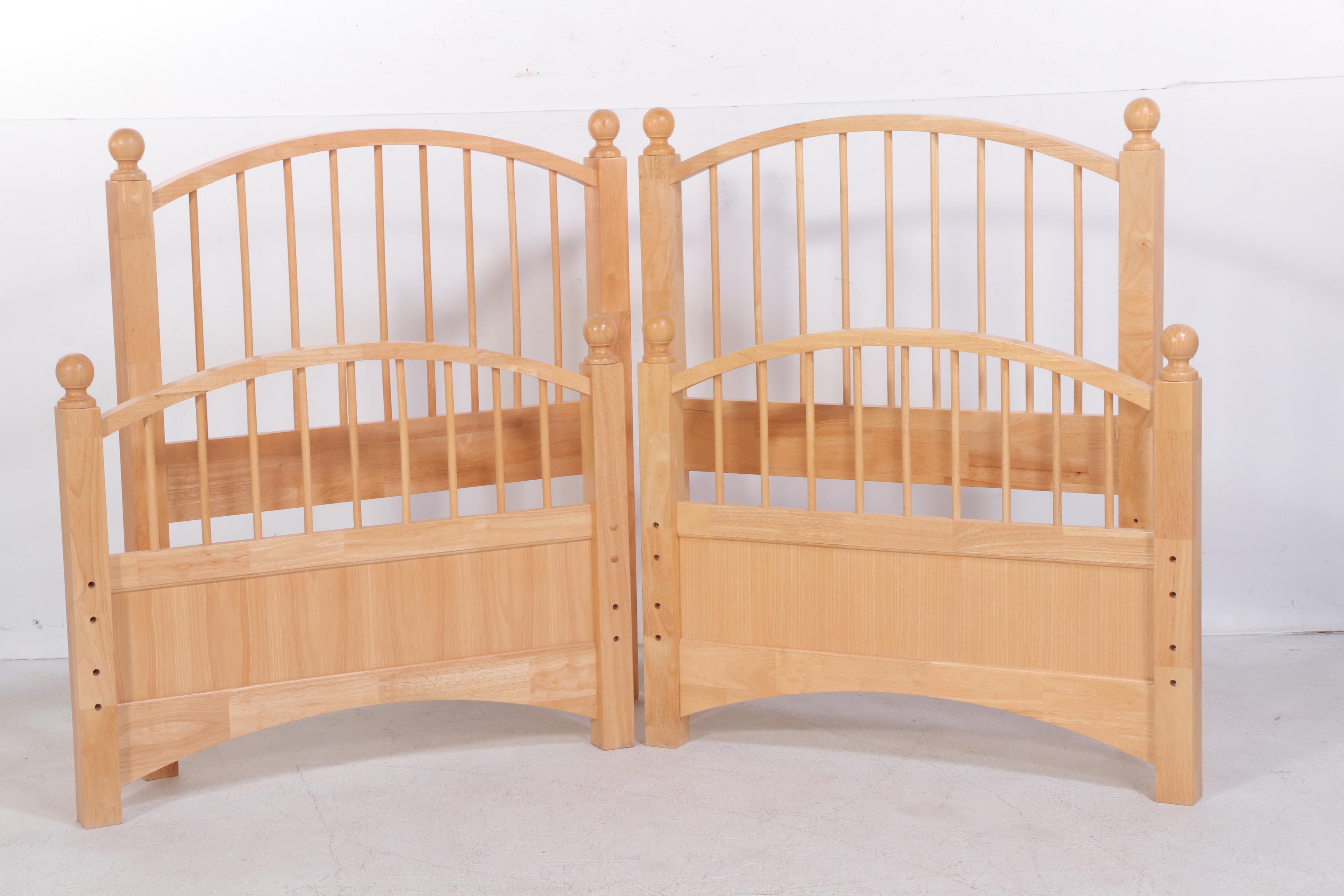 Pair of Contemporary Rubberwood Twin Bed Frames with Nightstand