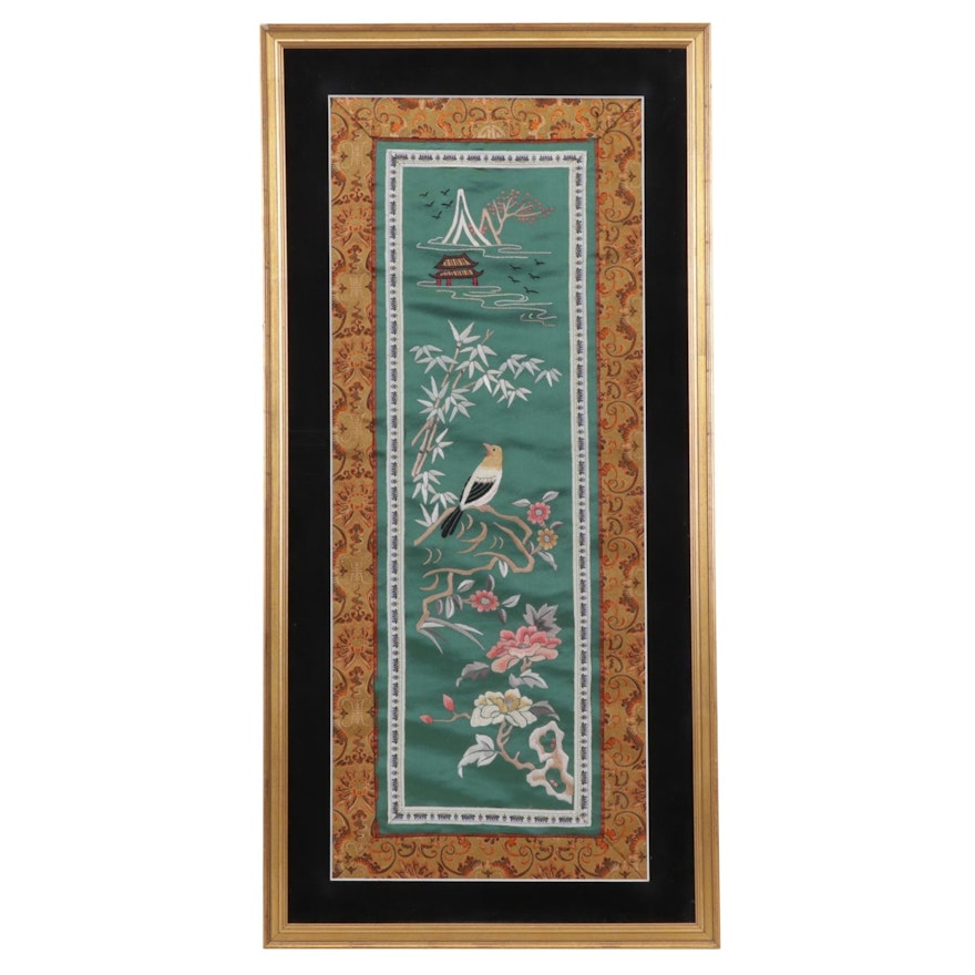 East Asian Silk Embroidery Wall Hanging of Bird and Blossoming Branches