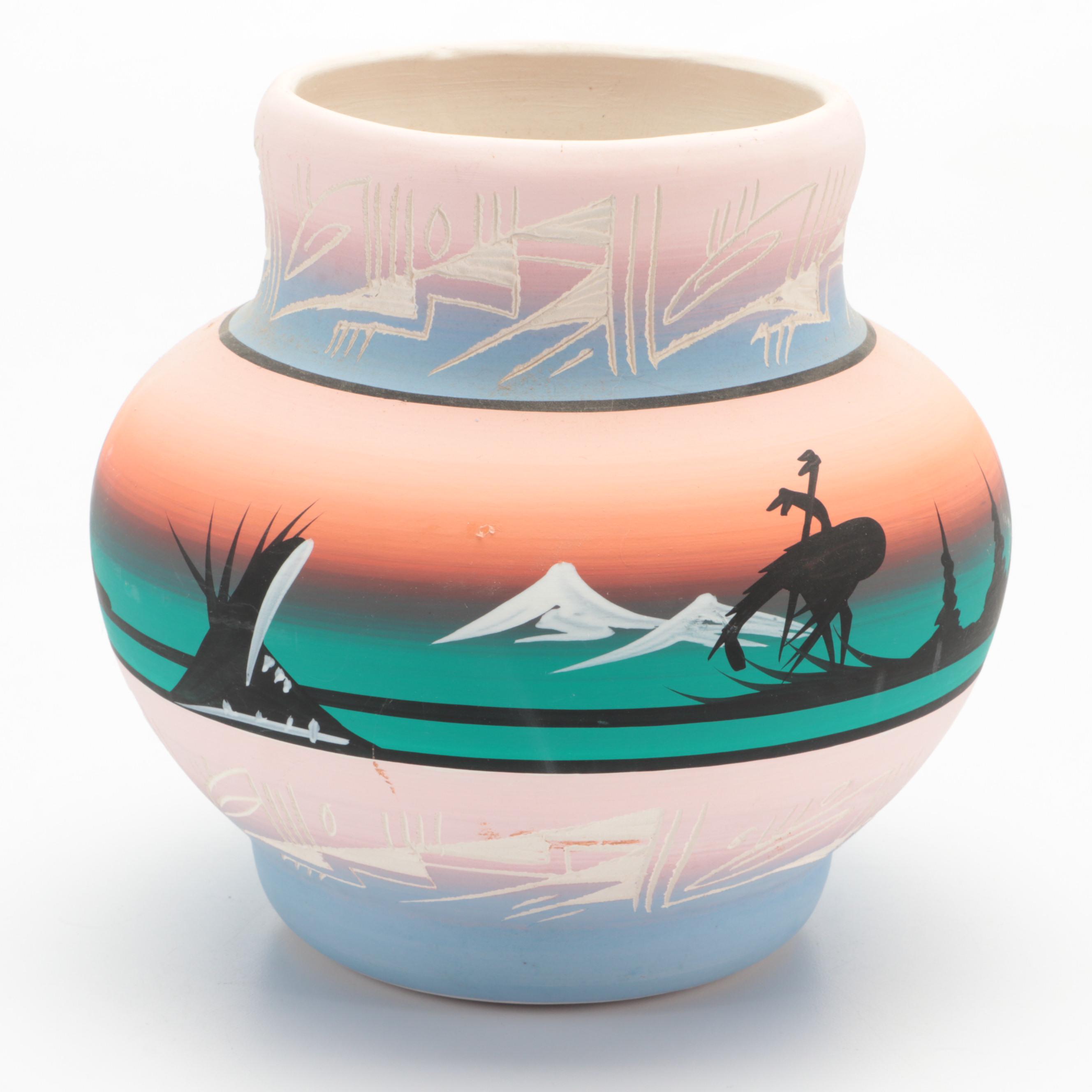 Artist Signed Diné Navajo Hand-Painted Polychrome Pottery Vases