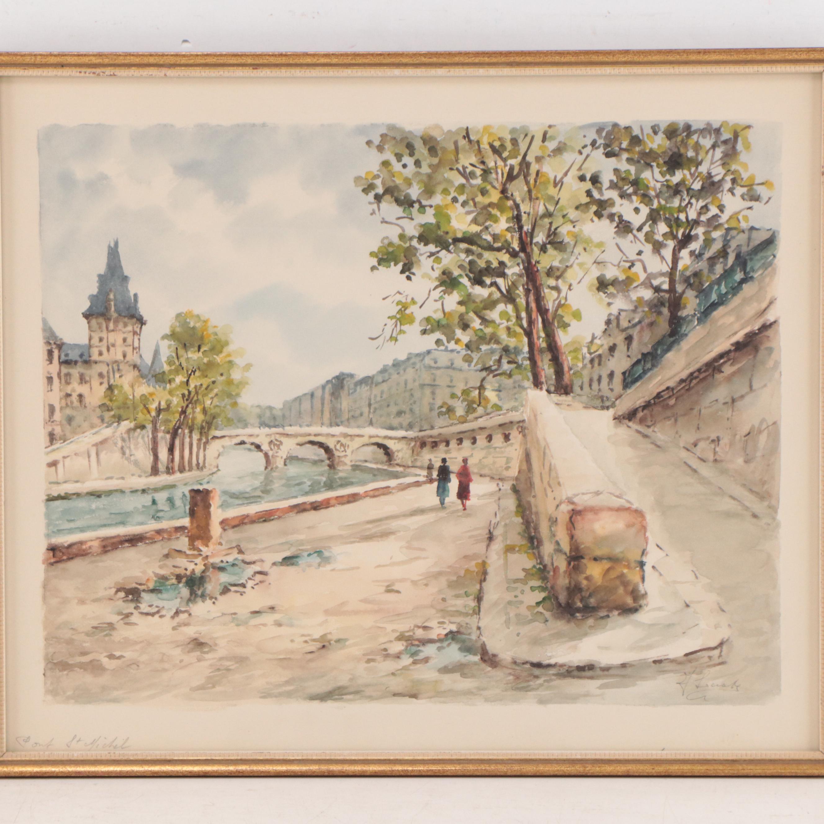 Watercolor Painting of Parisian Landscape "Pont St. Michel"