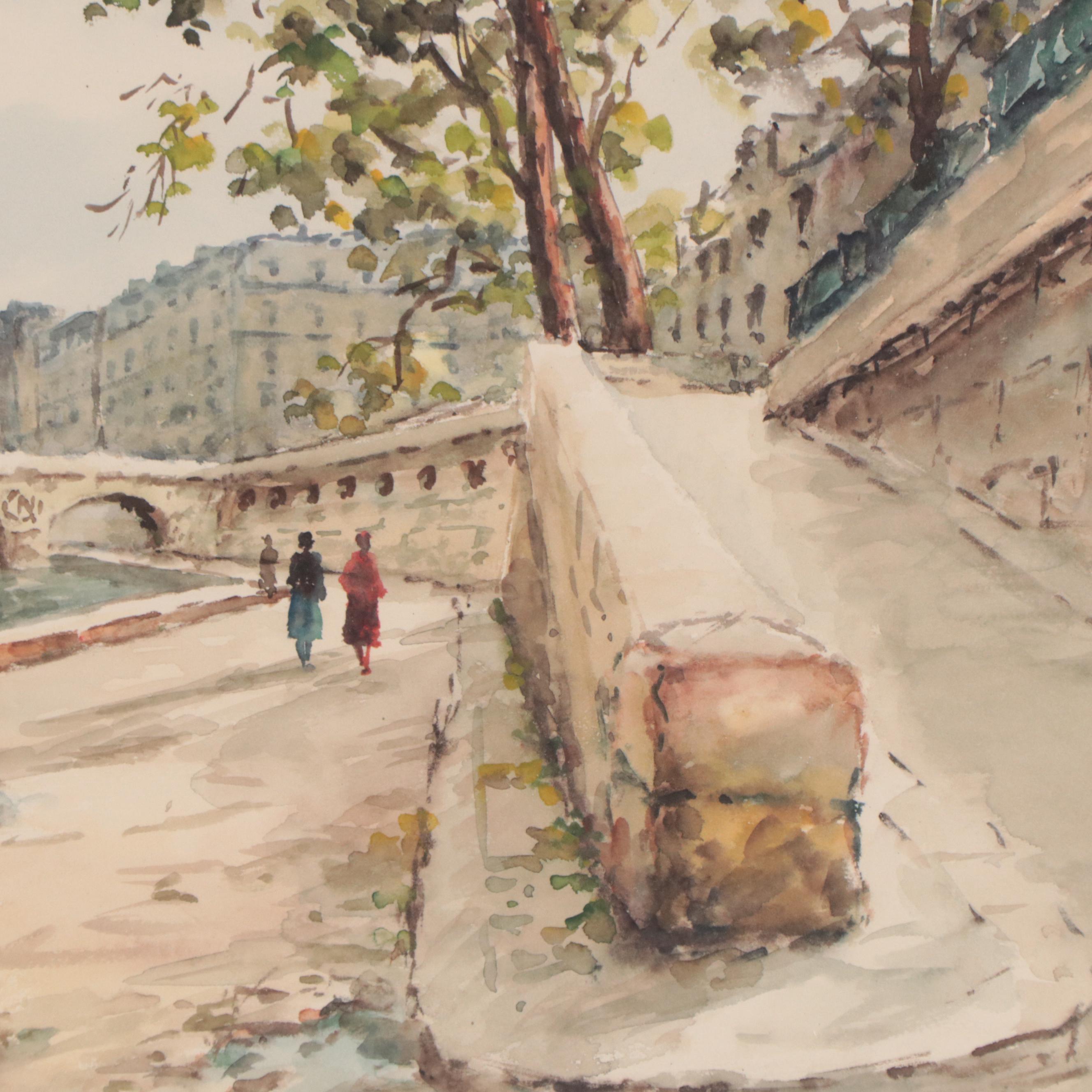 Watercolor Painting of Parisian Landscape "Pont St. Michel"