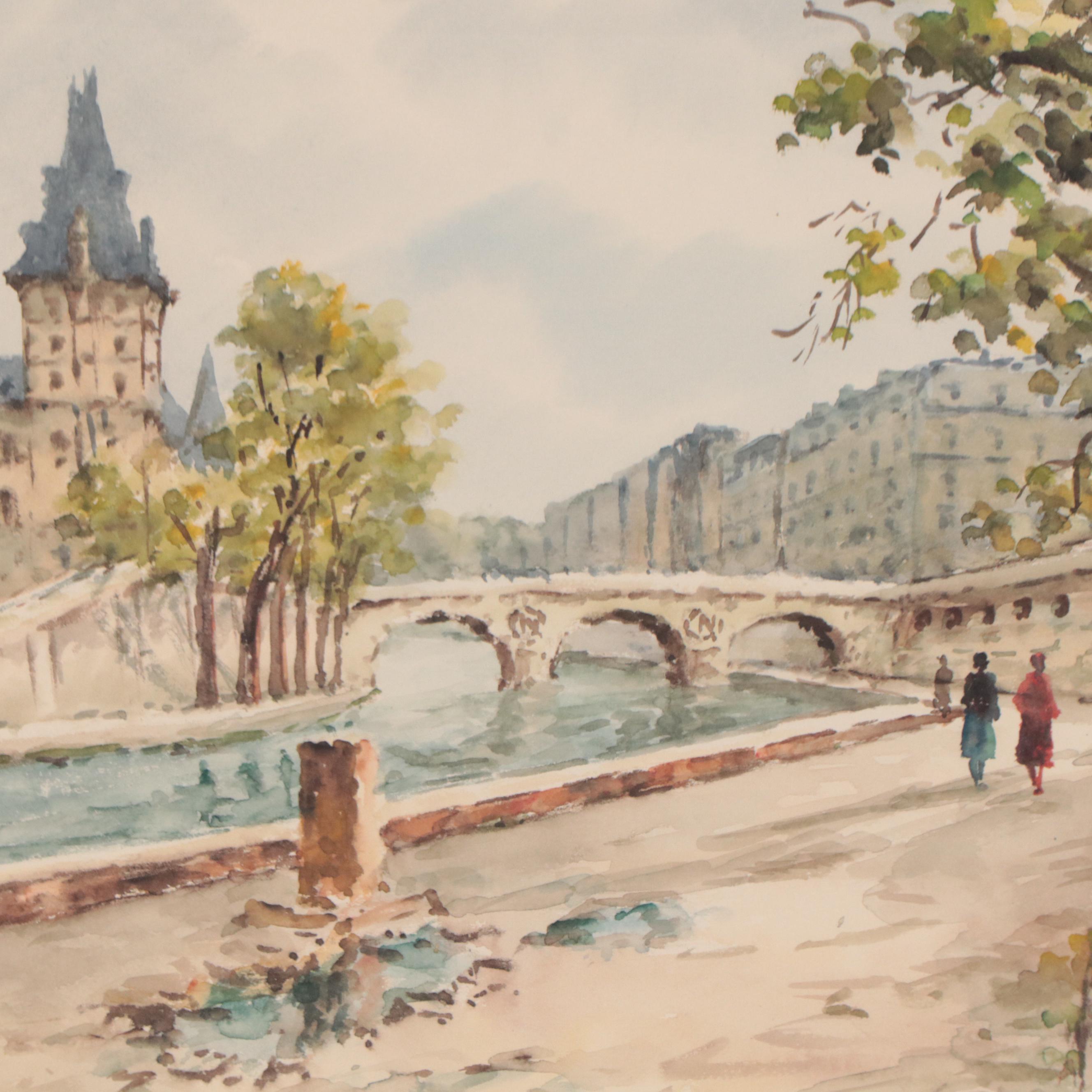 Watercolor Painting of Parisian Landscape "Pont St. Michel"