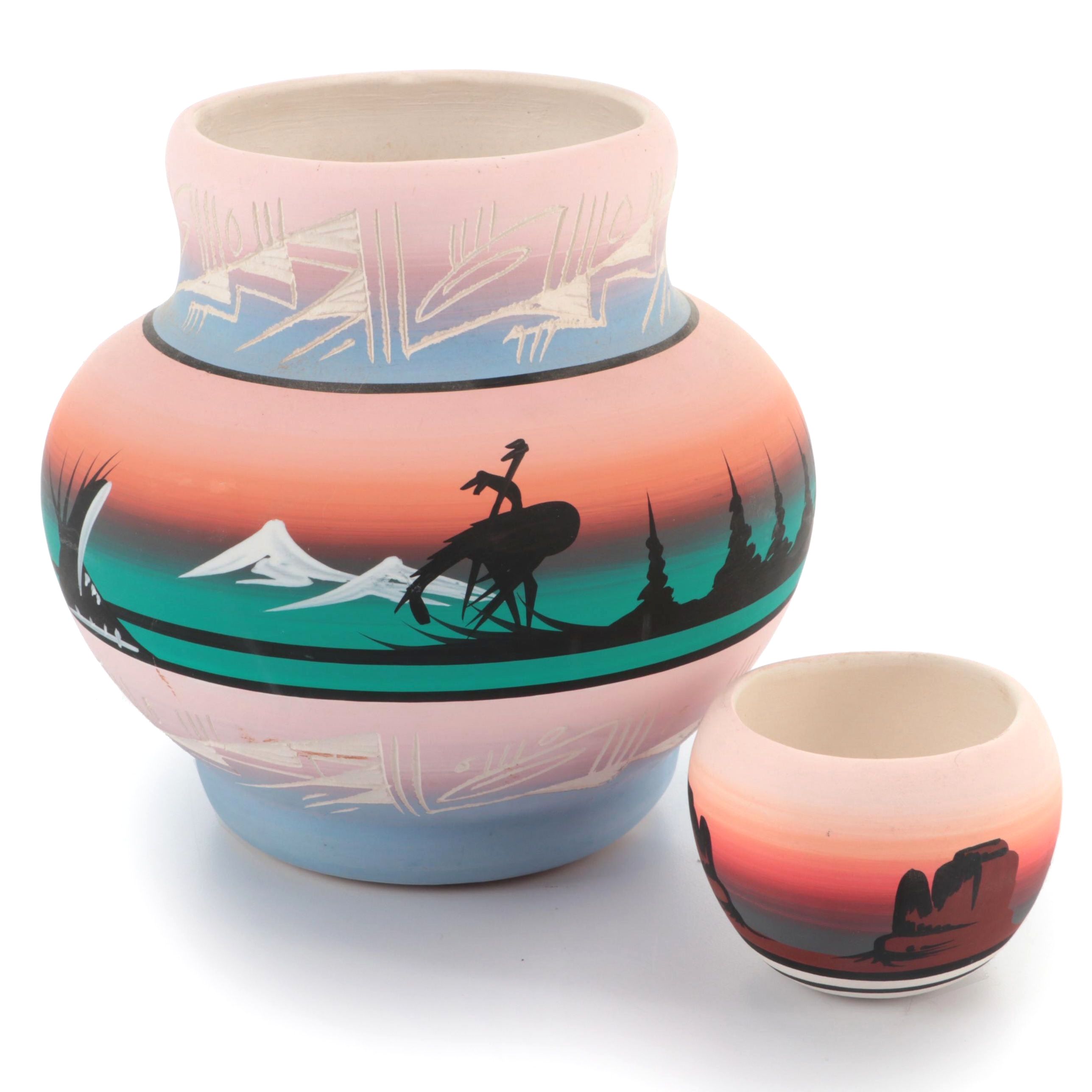 Artist Signed Diné Navajo Hand-Painted Polychrome Pottery Vases