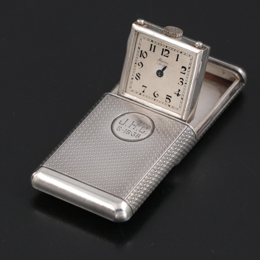 Gruen Alpina Sterling Silver Case Travel Clock, 1930s