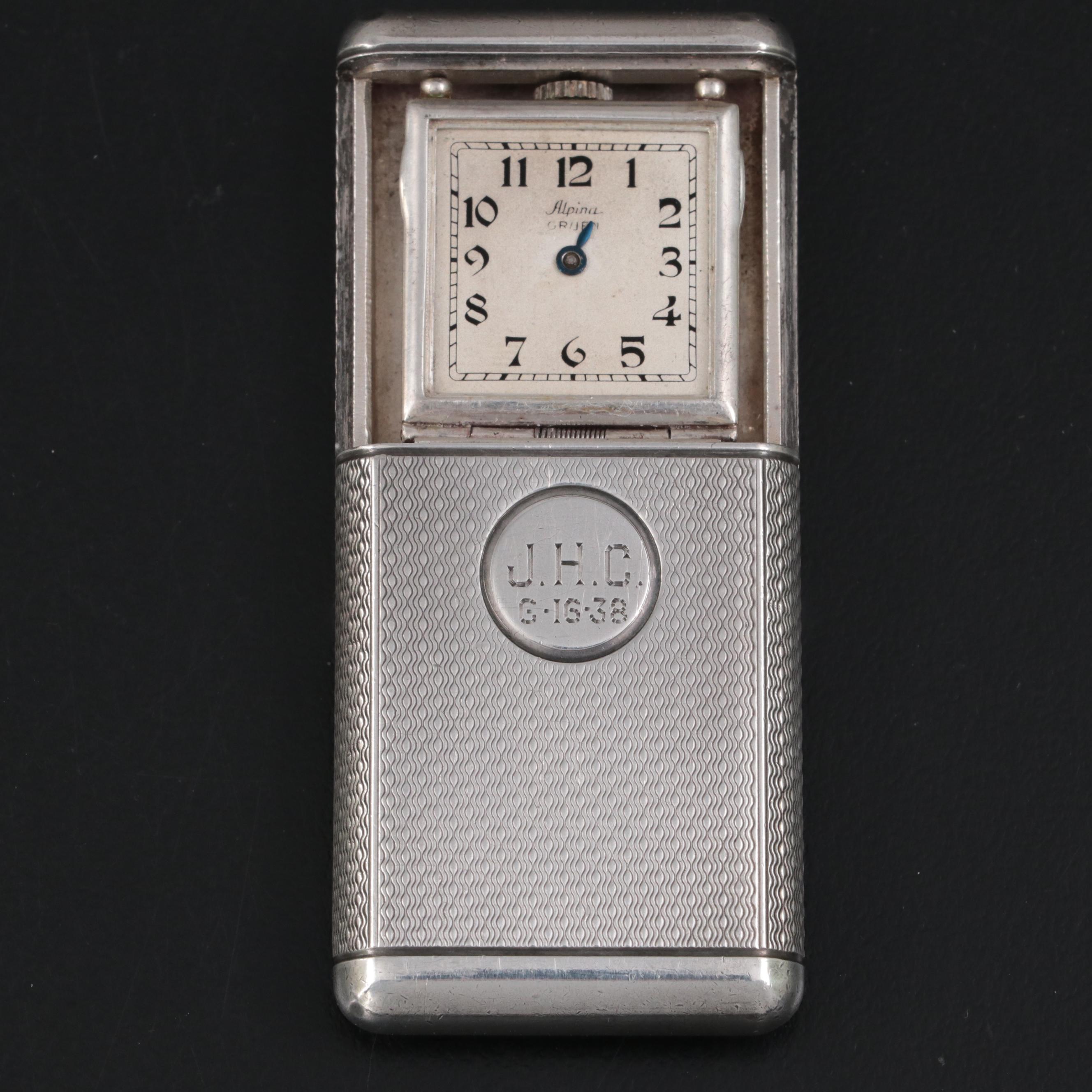 Gruen Alpina Sterling Silver Case Travel Clock, 1930s