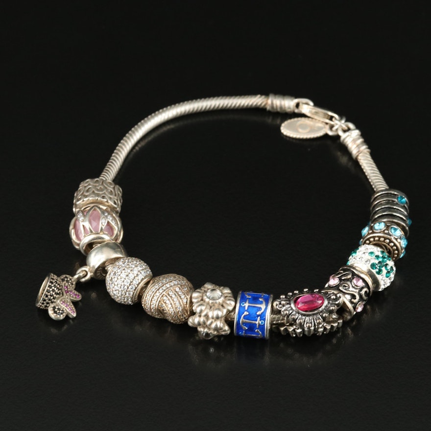 Pandora Sterling Charm Bracelet Including Cubic Zirconia and Enamel