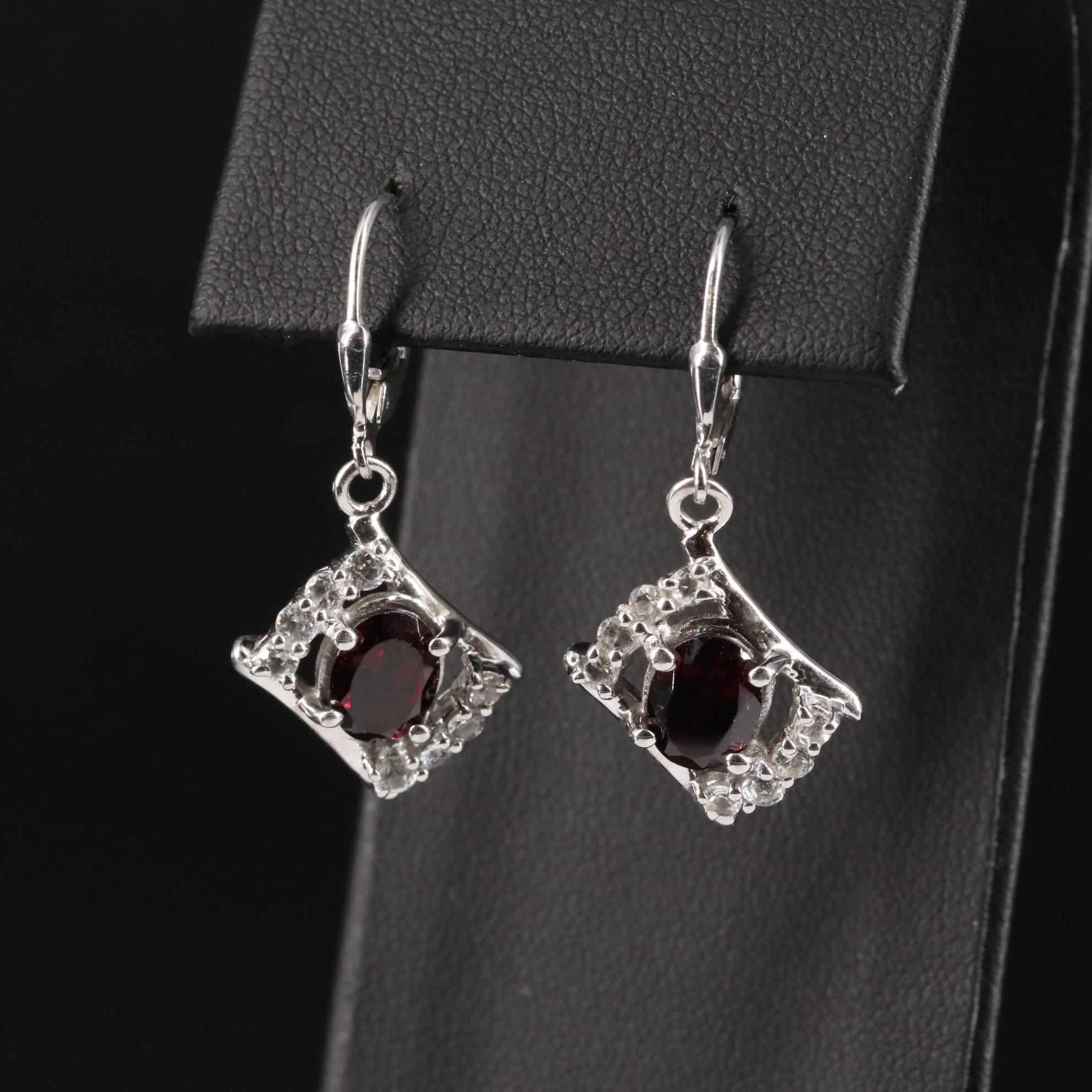 Sterling Garnet and White Topaz Drop Earrings