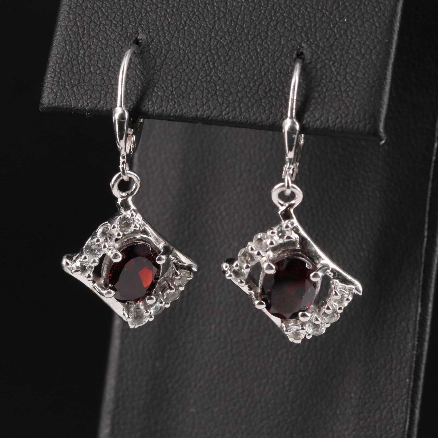 Sterling Garnet and White Topaz Drop Earrings