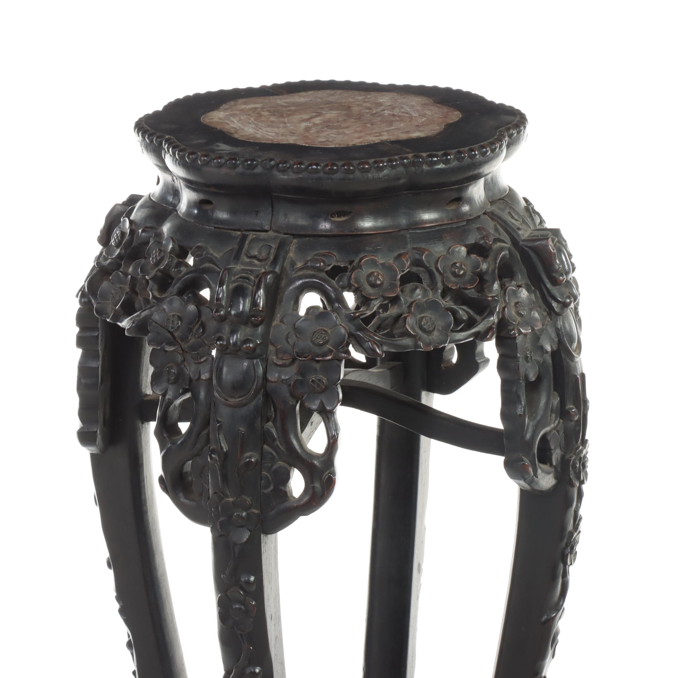 Chinese Ebonized and Carved Hardwood Pedestal with Marble Top