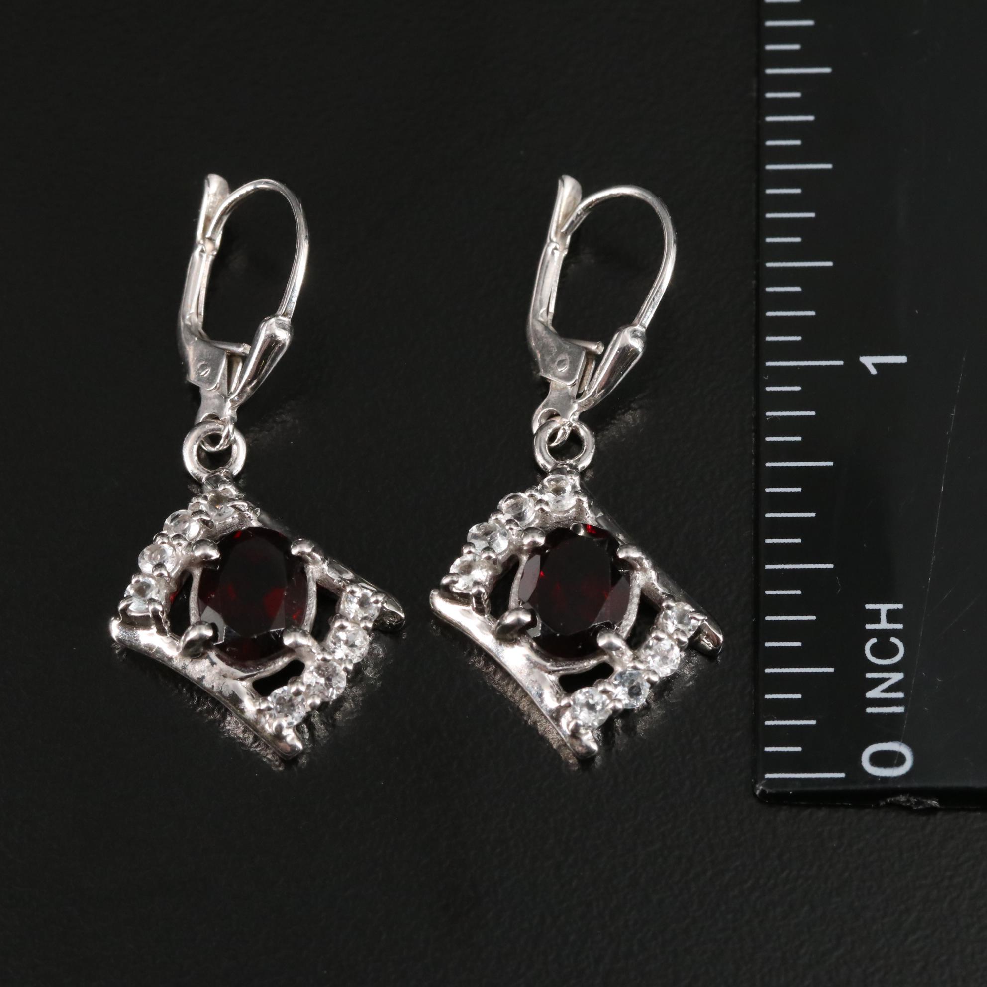 Sterling Garnet and White Topaz Drop Earrings