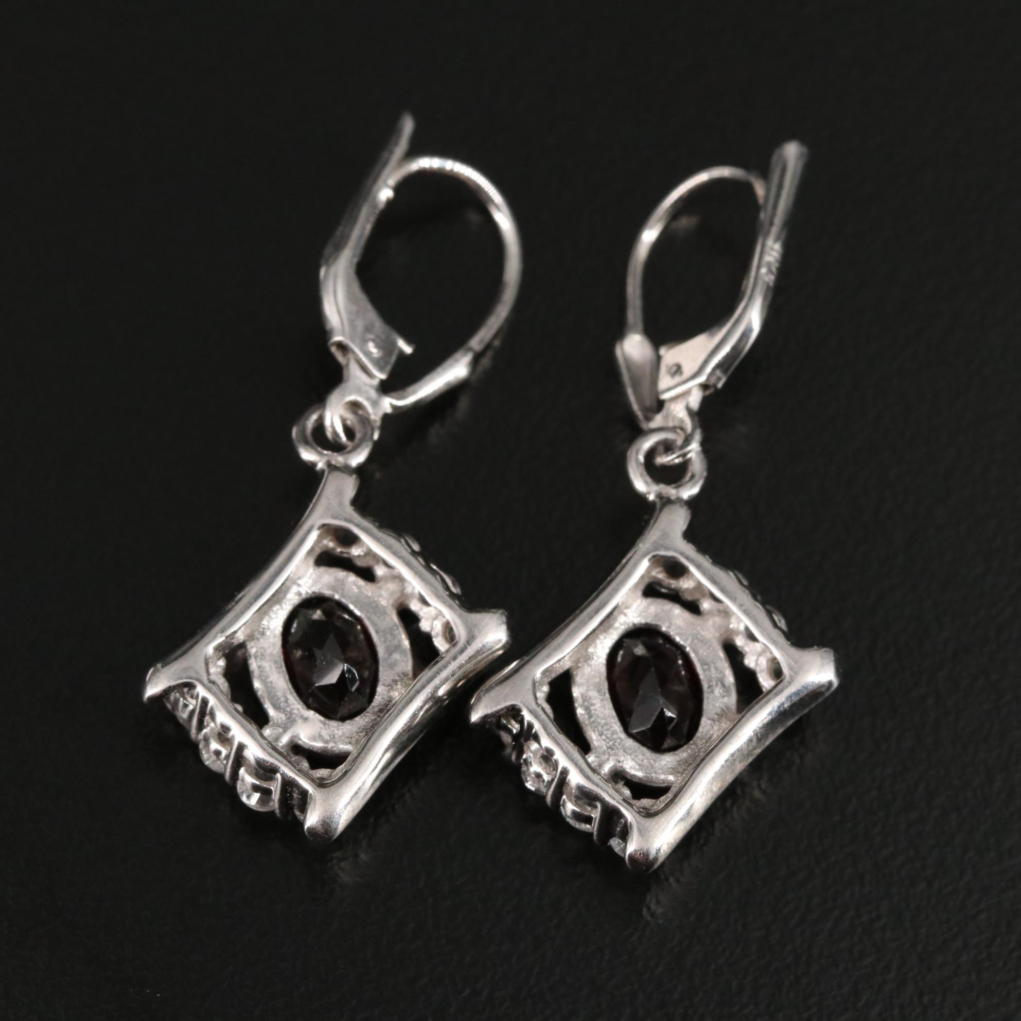 Sterling Garnet and White Topaz Drop Earrings