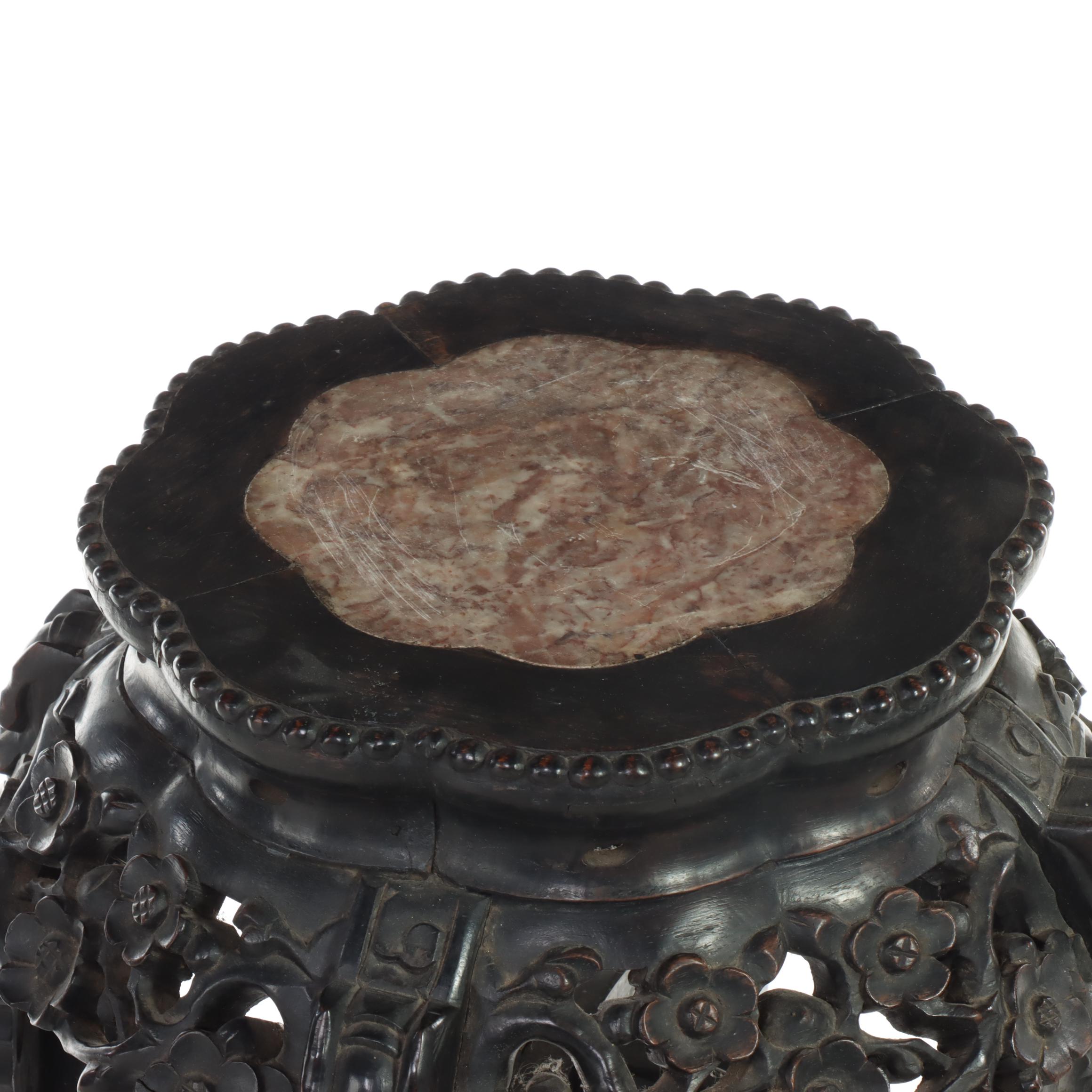 Chinese Ebonized and Carved Hardwood Pedestal with Marble Top
