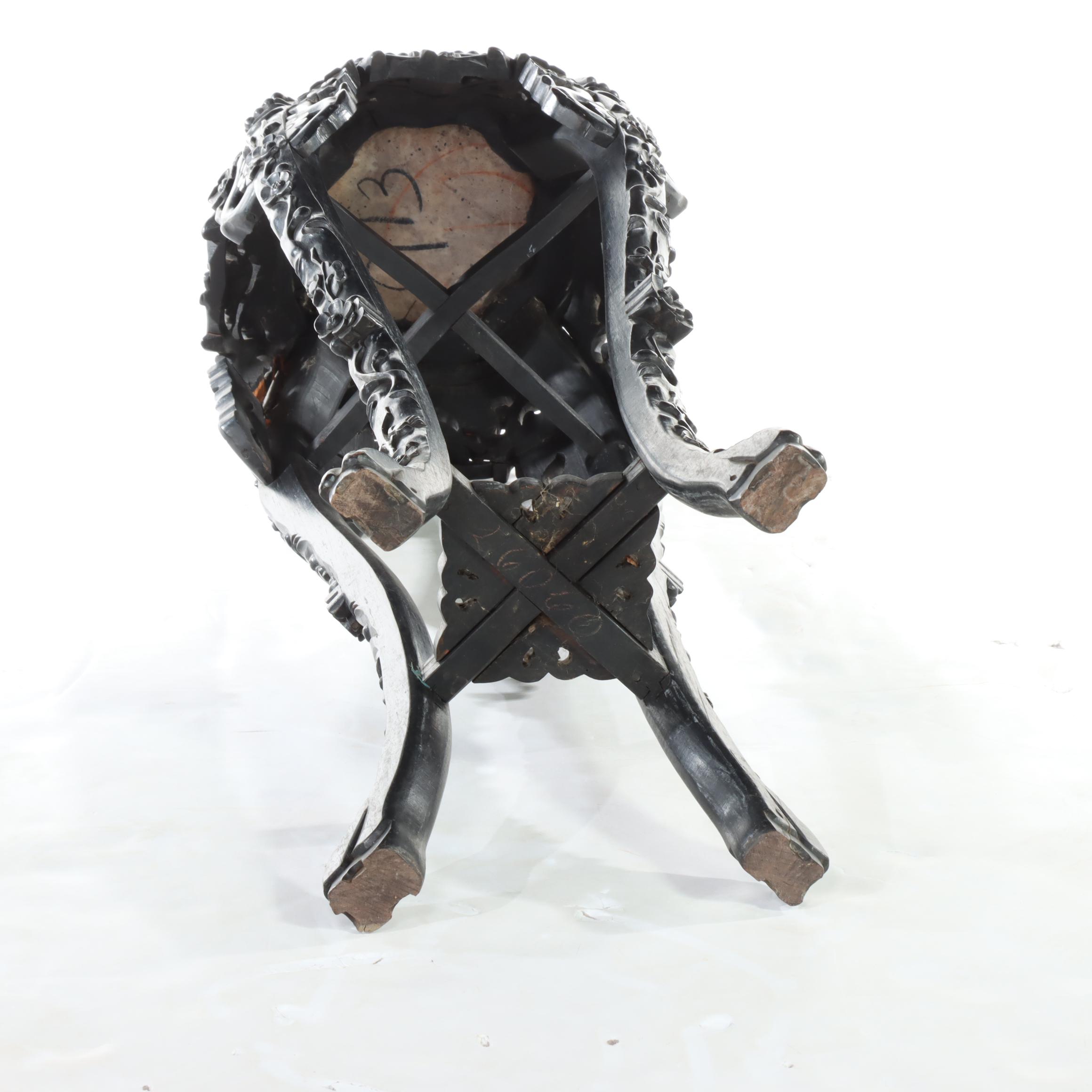 Chinese Ebonized and Carved Hardwood Pedestal with Marble Top