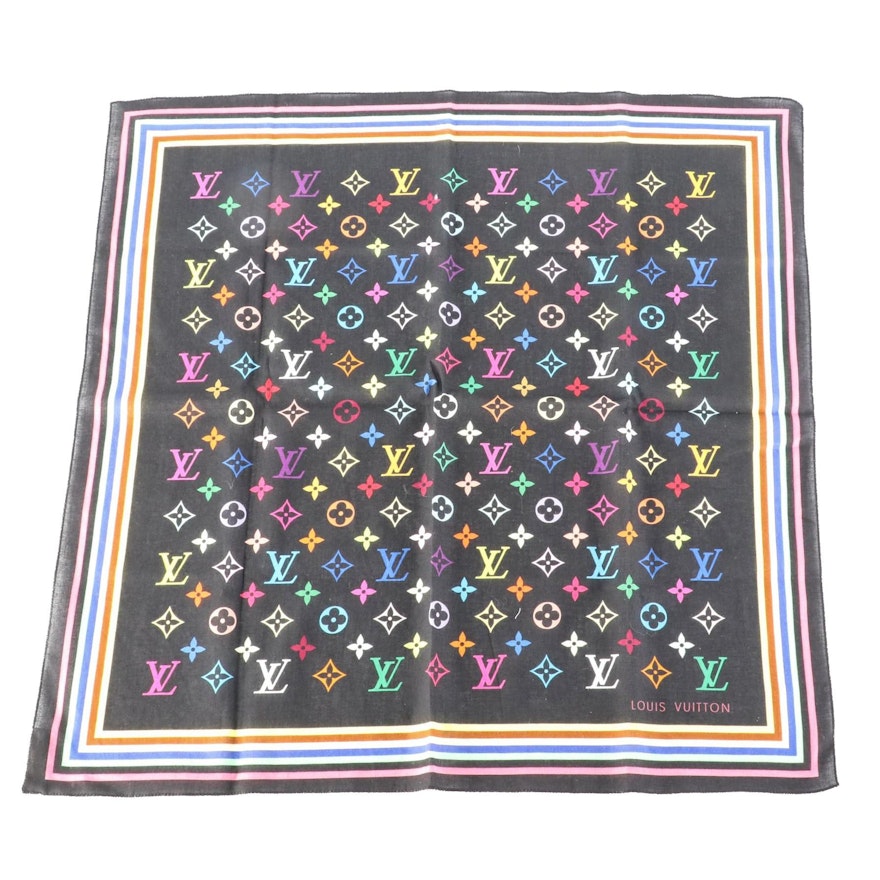 Louis Vuitton Takashi Murakami Black Multicolor Monogram Scarf with Box