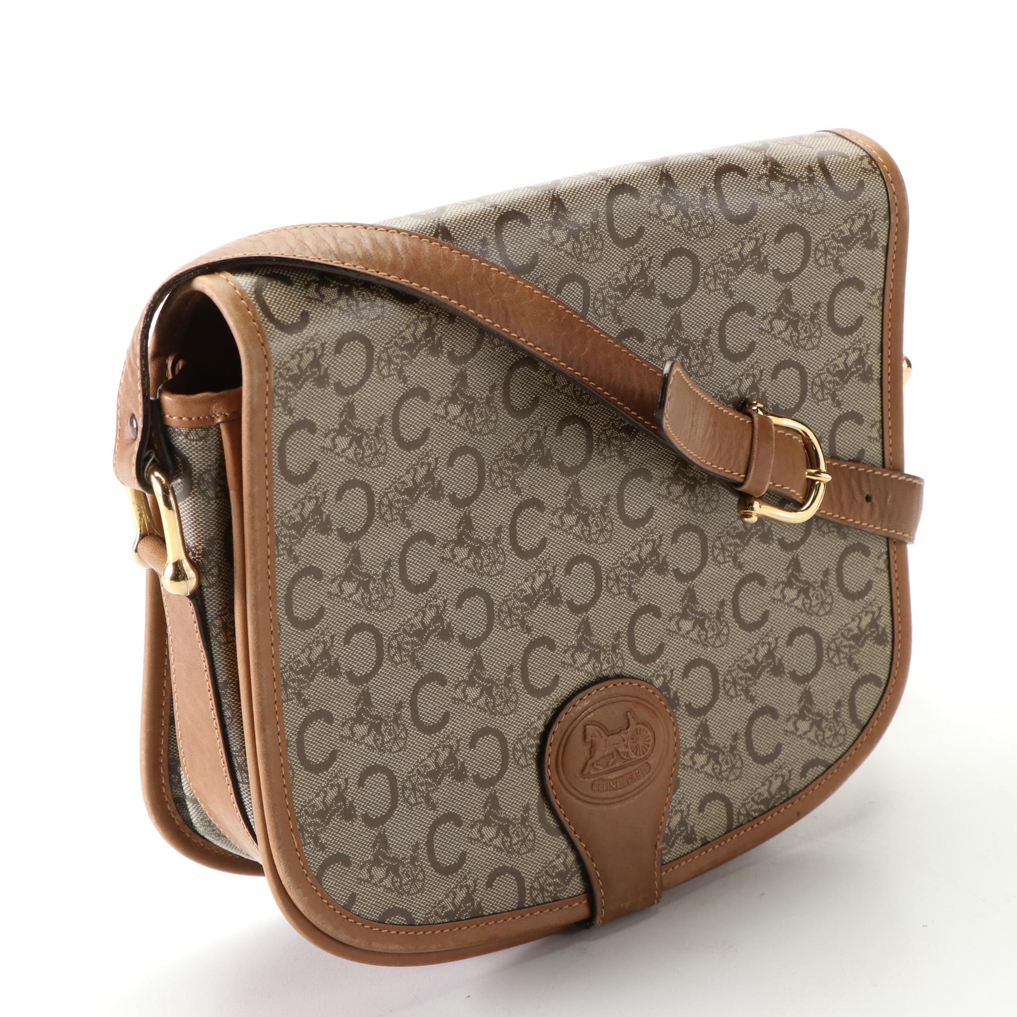 Céline Shoulder Bag in Carriage Monogram C Canvas and Brown Leather Trim