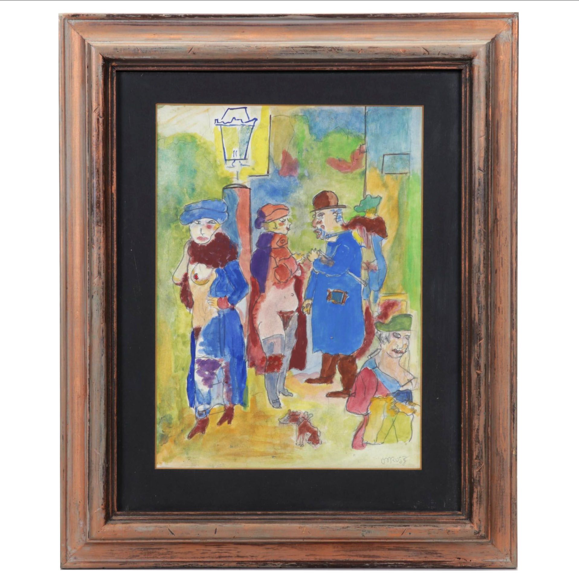 Watercolor and Gouache Painting After Georg Grosz "Dawn," Circa 1970