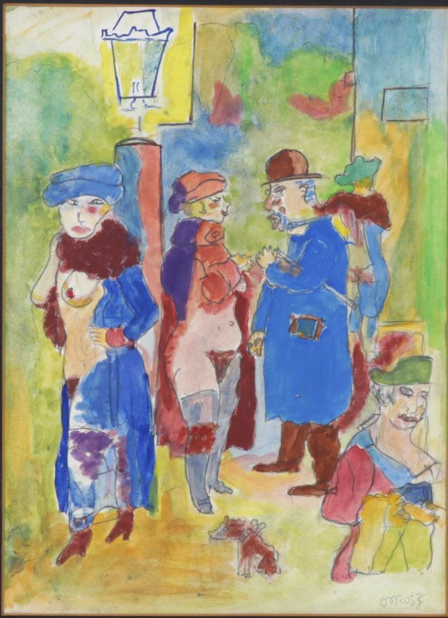 Watercolor and Gouache Painting After Georg Grosz "Dawn," Circa 1970