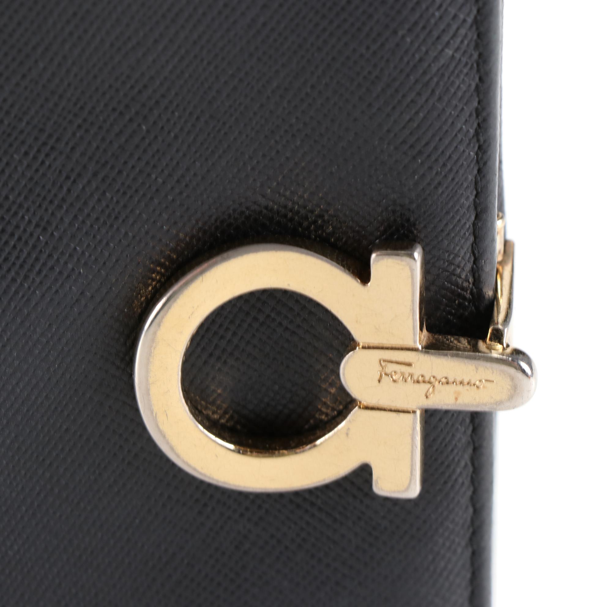 Salvatore Ferragamo Gancini Long Wallet in Black Textured Leather