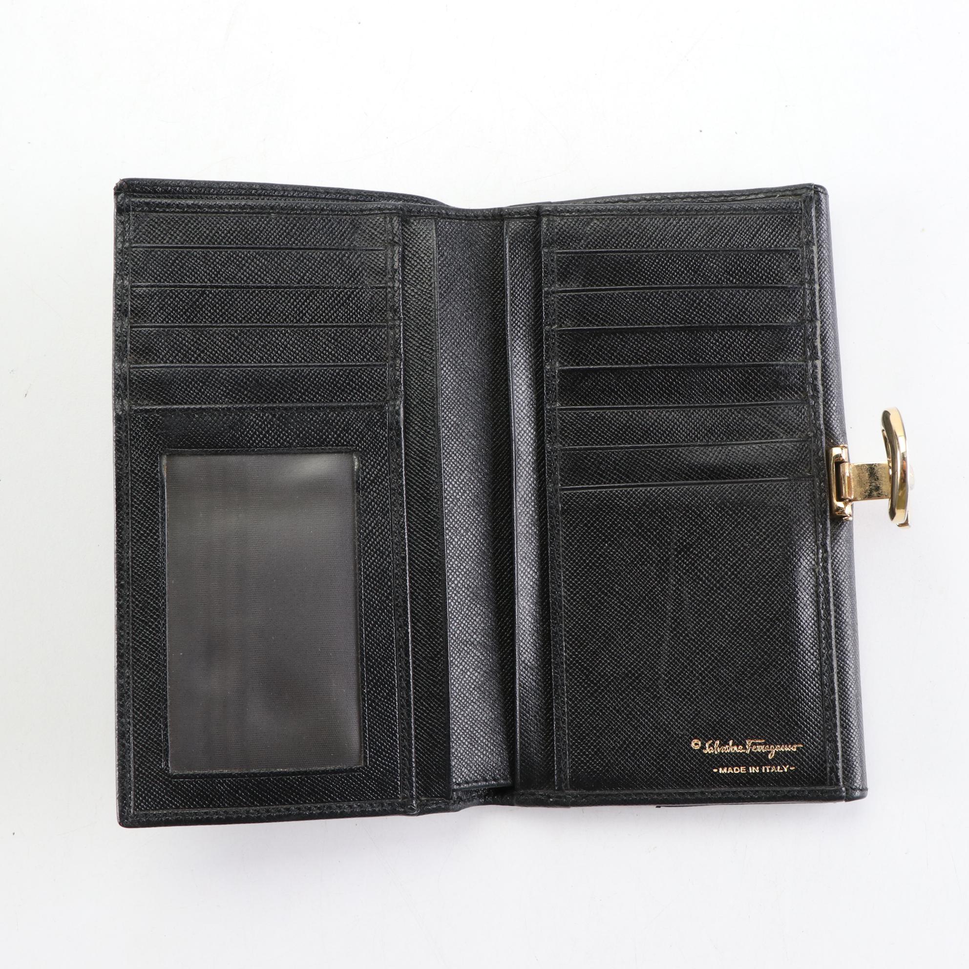 Salvatore Ferragamo Gancini Long Wallet in Black Textured Leather