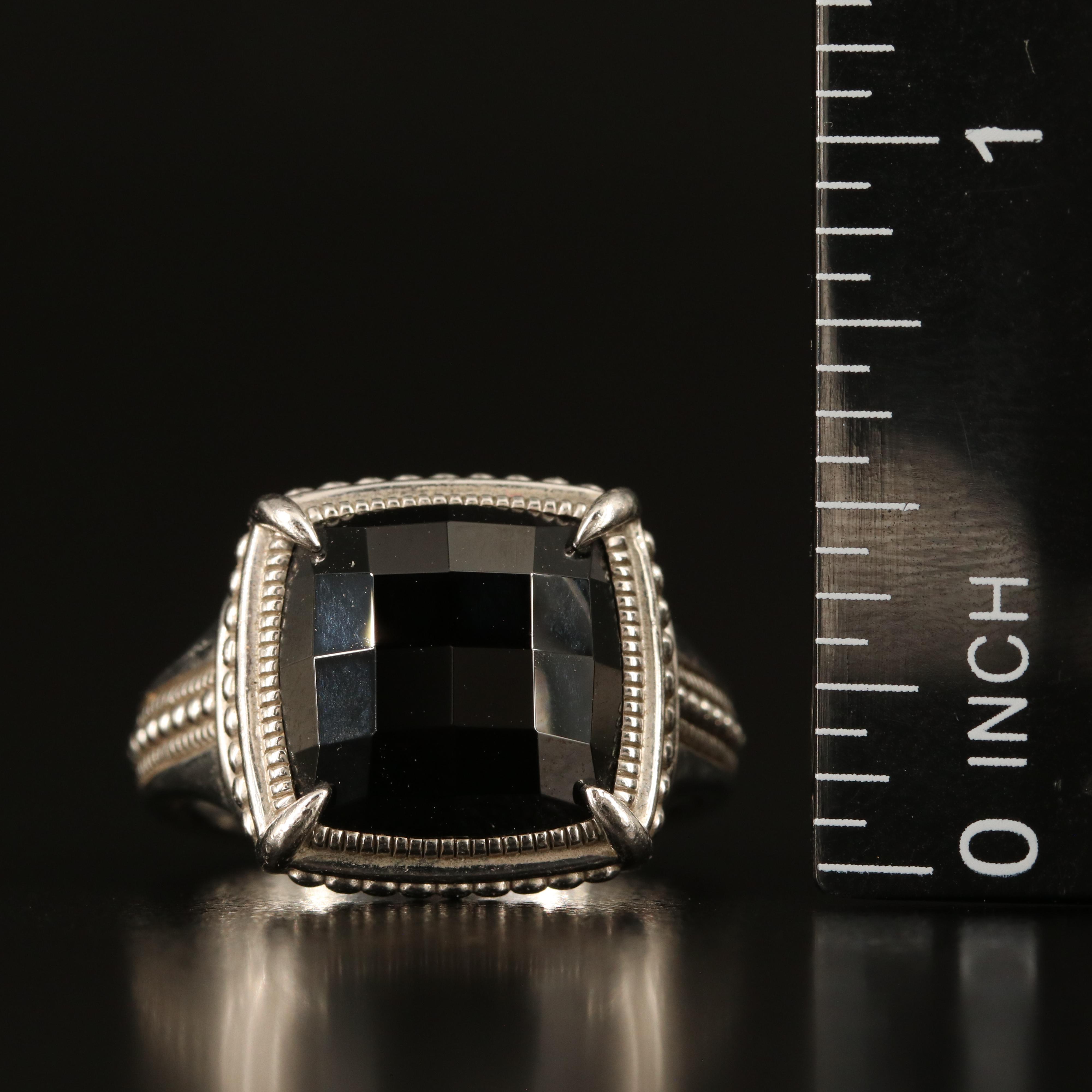 Sterling Black Onyx Ring with Millgrain and Bead Accents