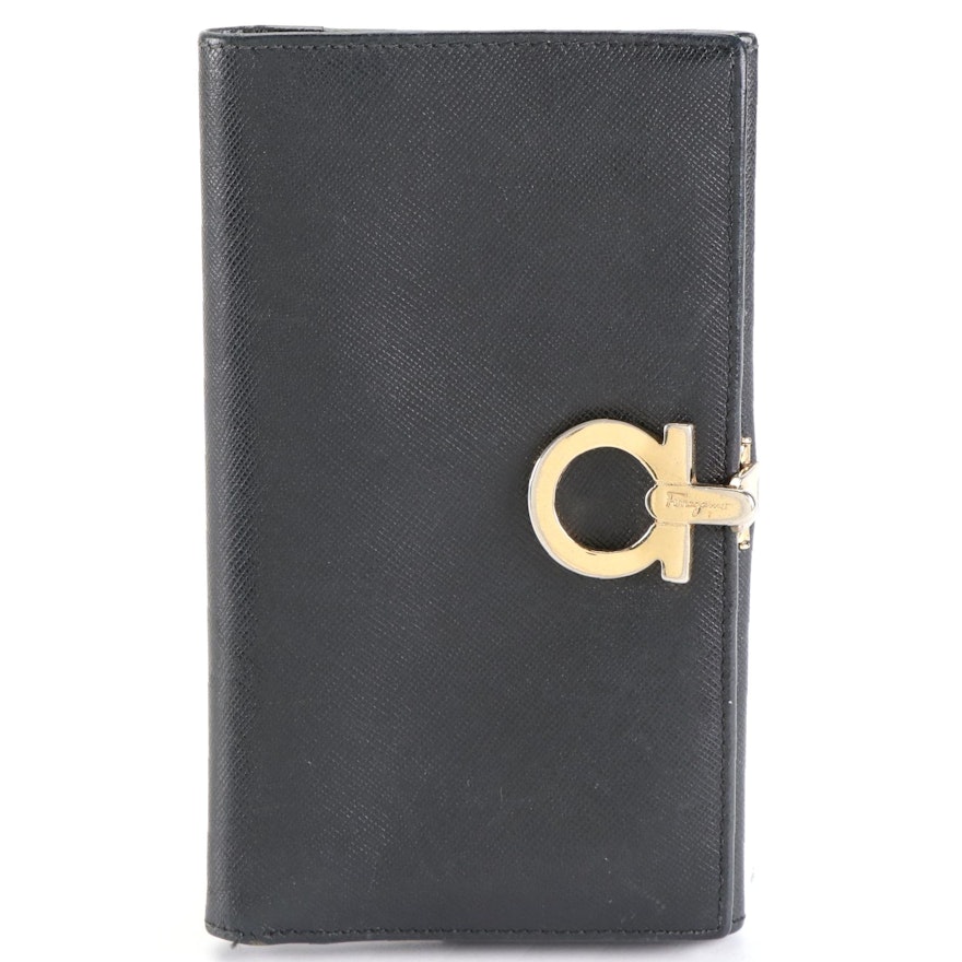 Salvatore Ferragamo Gancini Long Wallet in Black Textured Leather