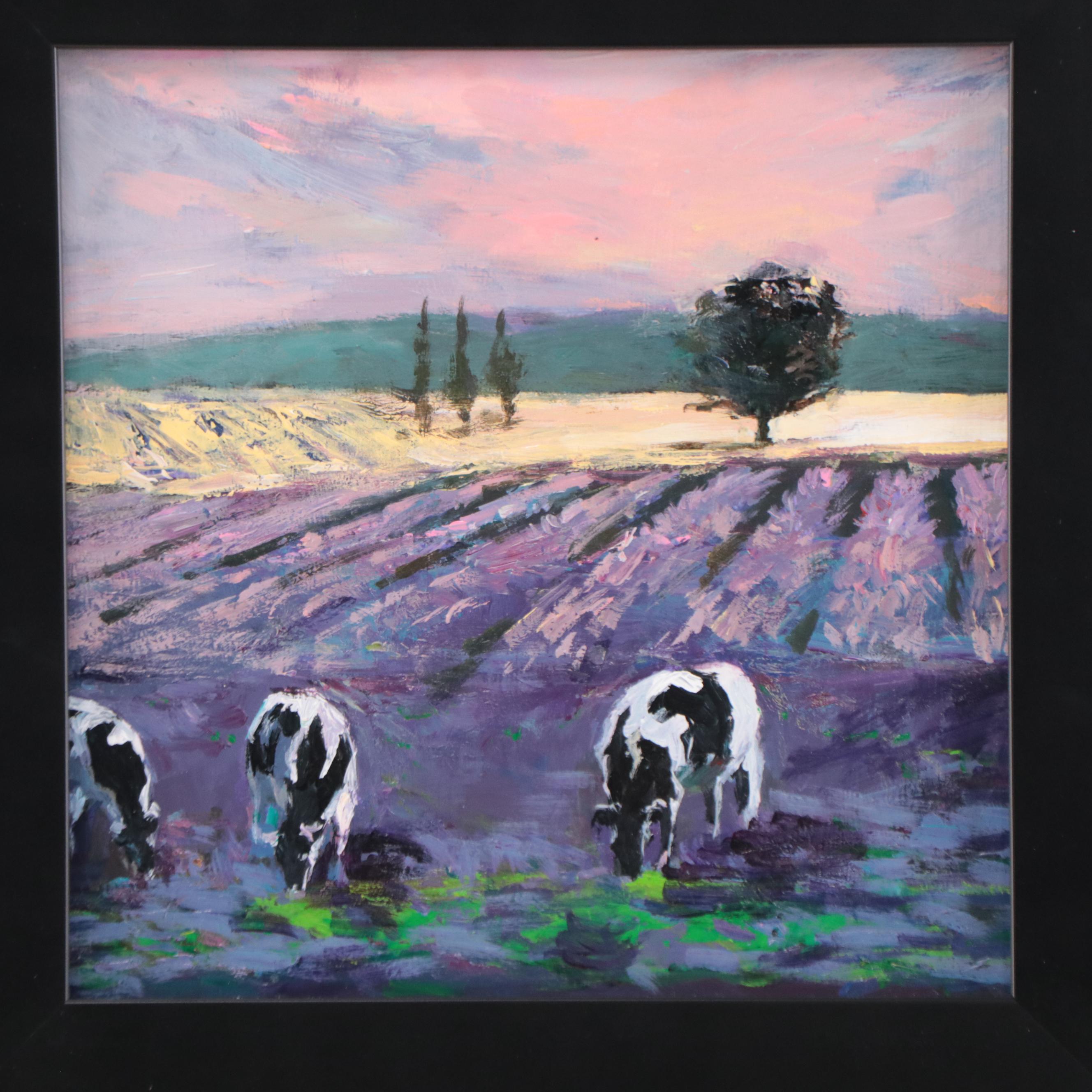 Agnes Rey Oil Painting of Cows in Field "Lavender," 2023