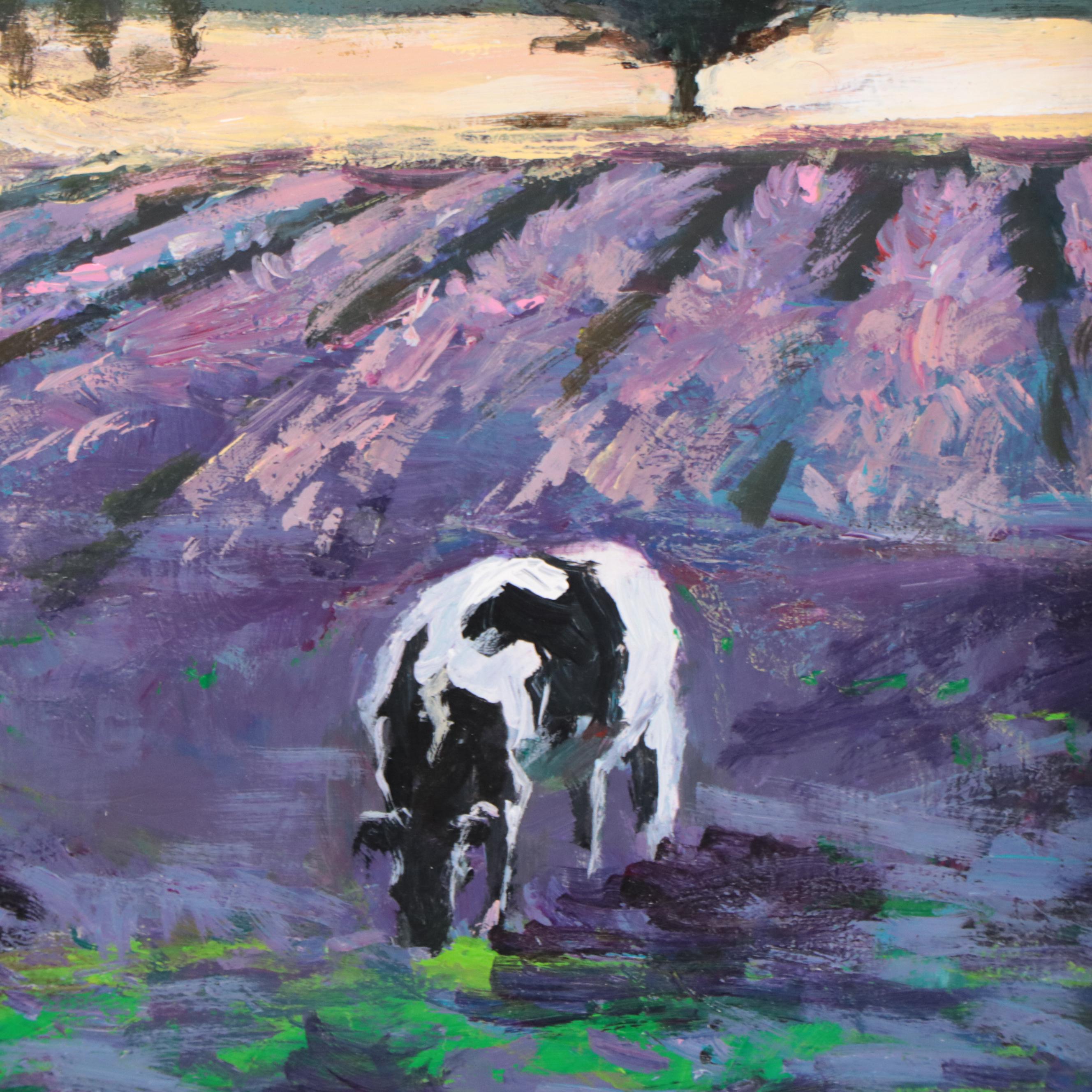 Agnes Rey Oil Painting of Cows in Field "Lavender," 2023