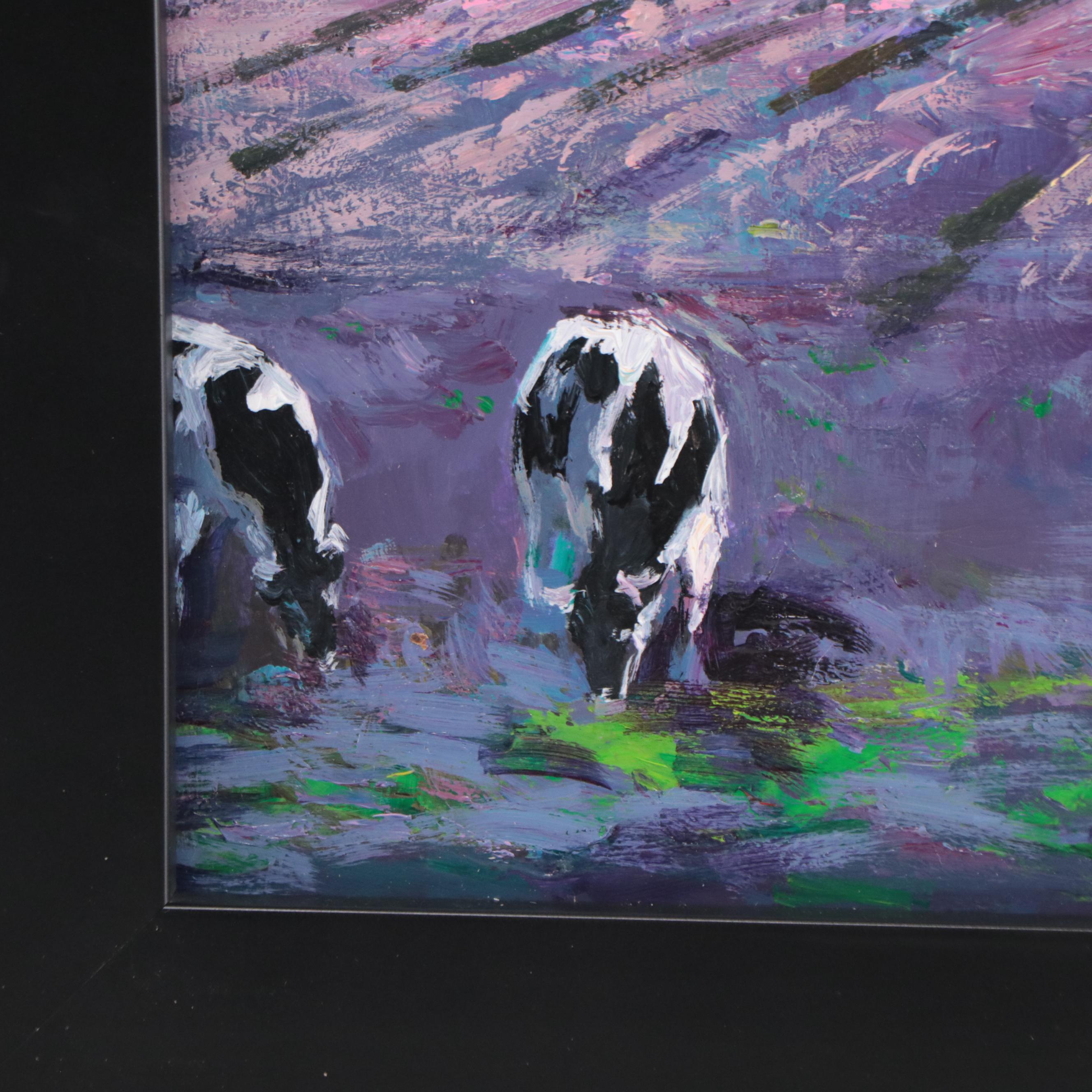 Agnes Rey Oil Painting of Cows in Field "Lavender," 2023
