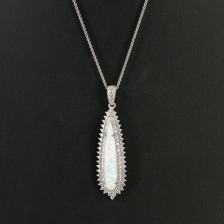 Sterling Opal and Cubic Zirconia Pendant Necklace