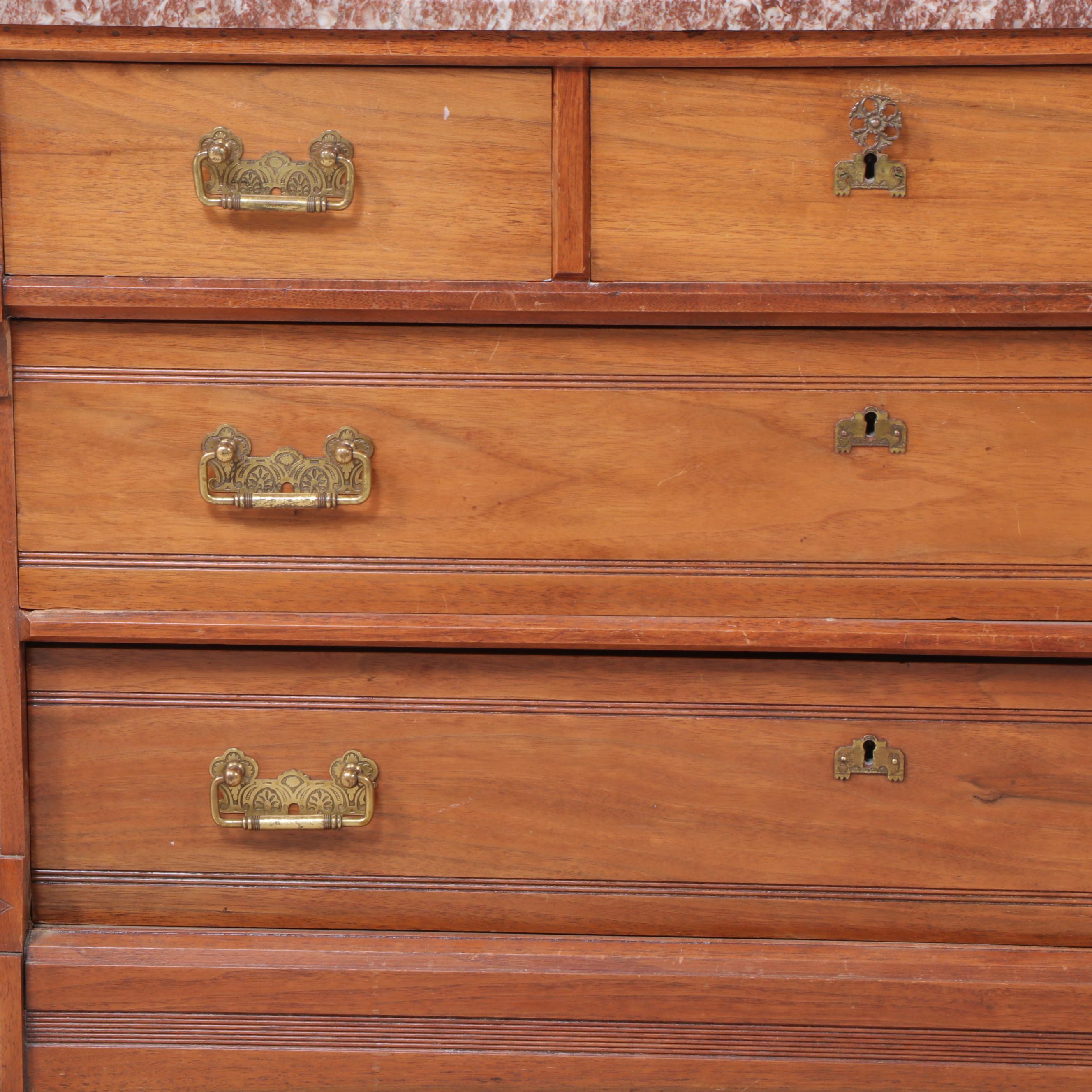 Victorian Walnut and Marble Top Five-Drawer Chest, Late 19th Century