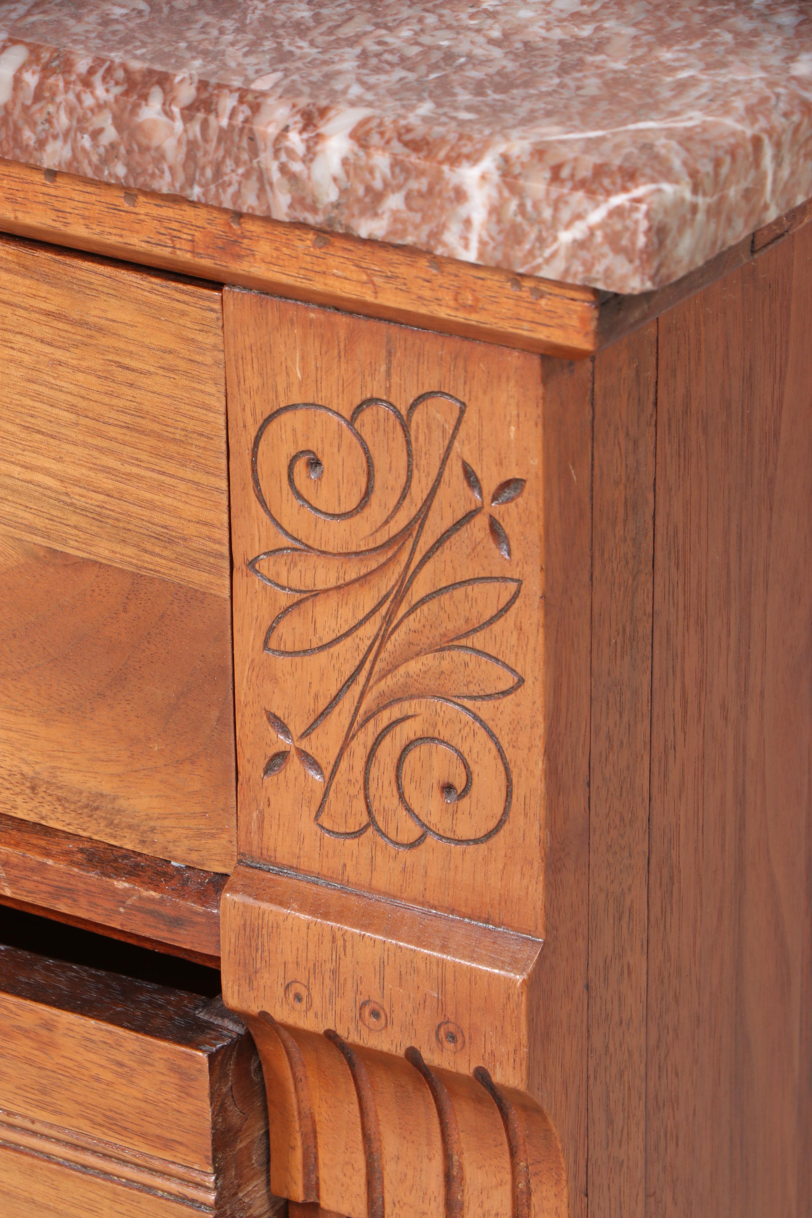 Victorian Walnut and Marble Top Five-Drawer Chest, Late 19th Century
