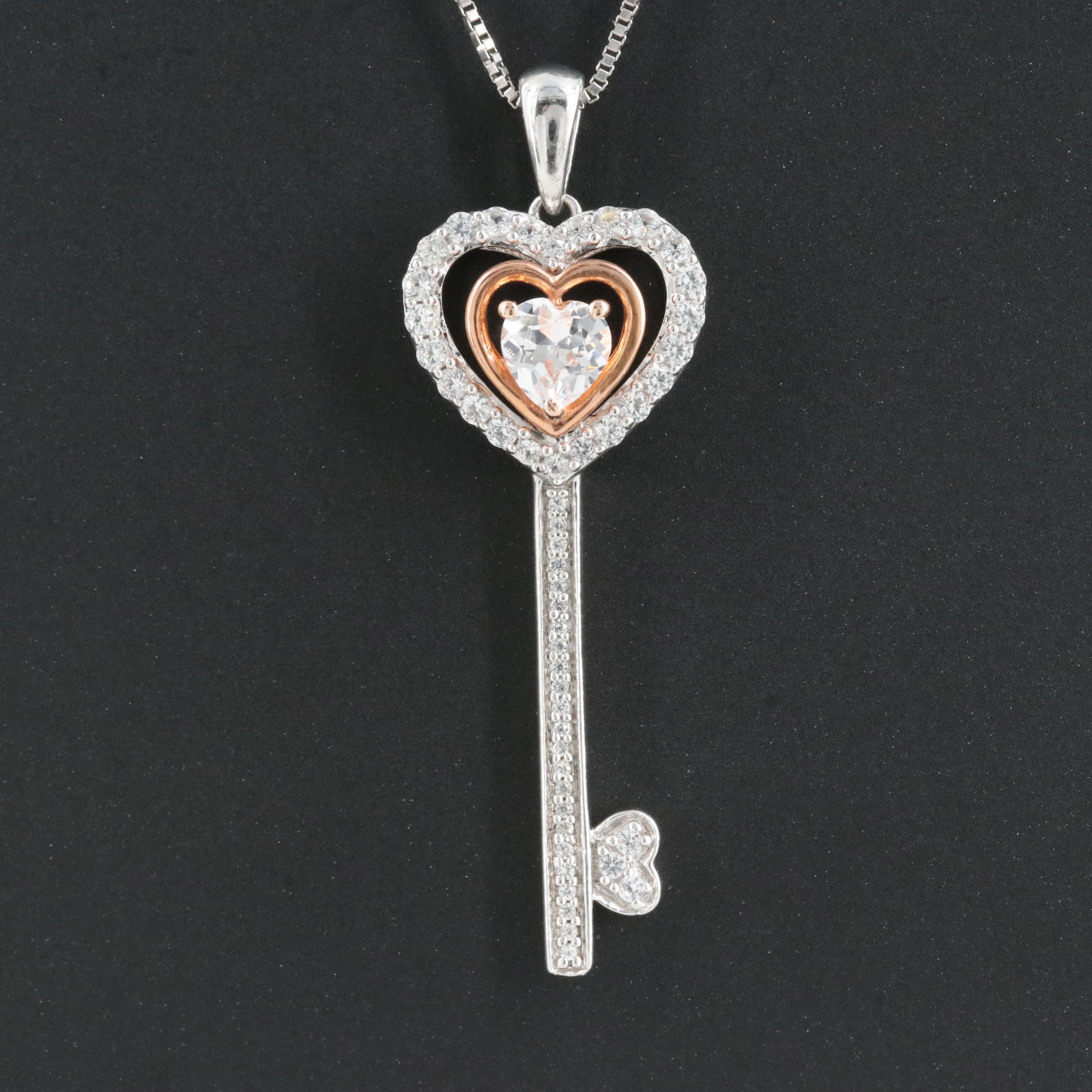 Sterling Sapphire Key Necklace with 10K Rose Gold Accent