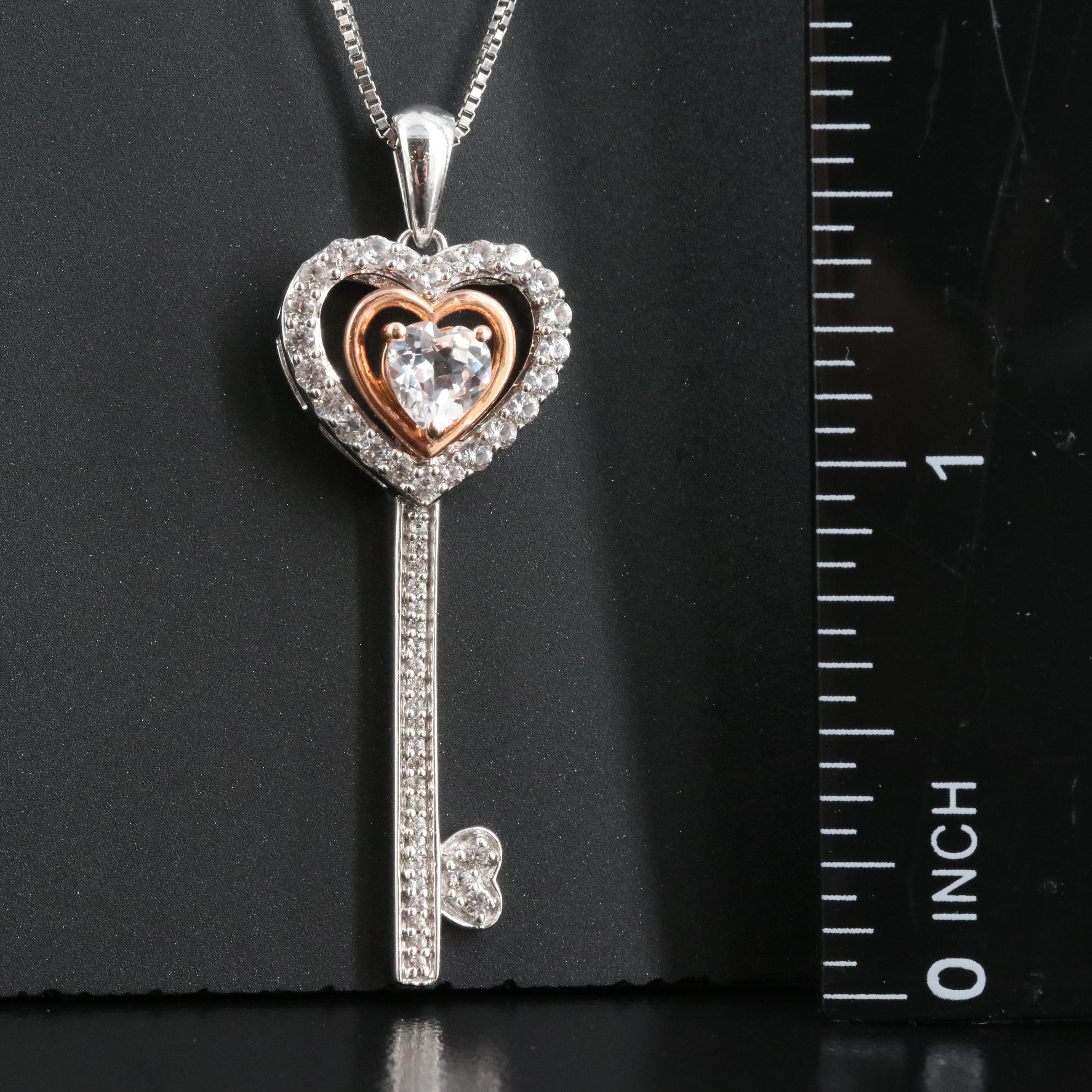 Sterling Sapphire Key Necklace with 10K Rose Gold Accent