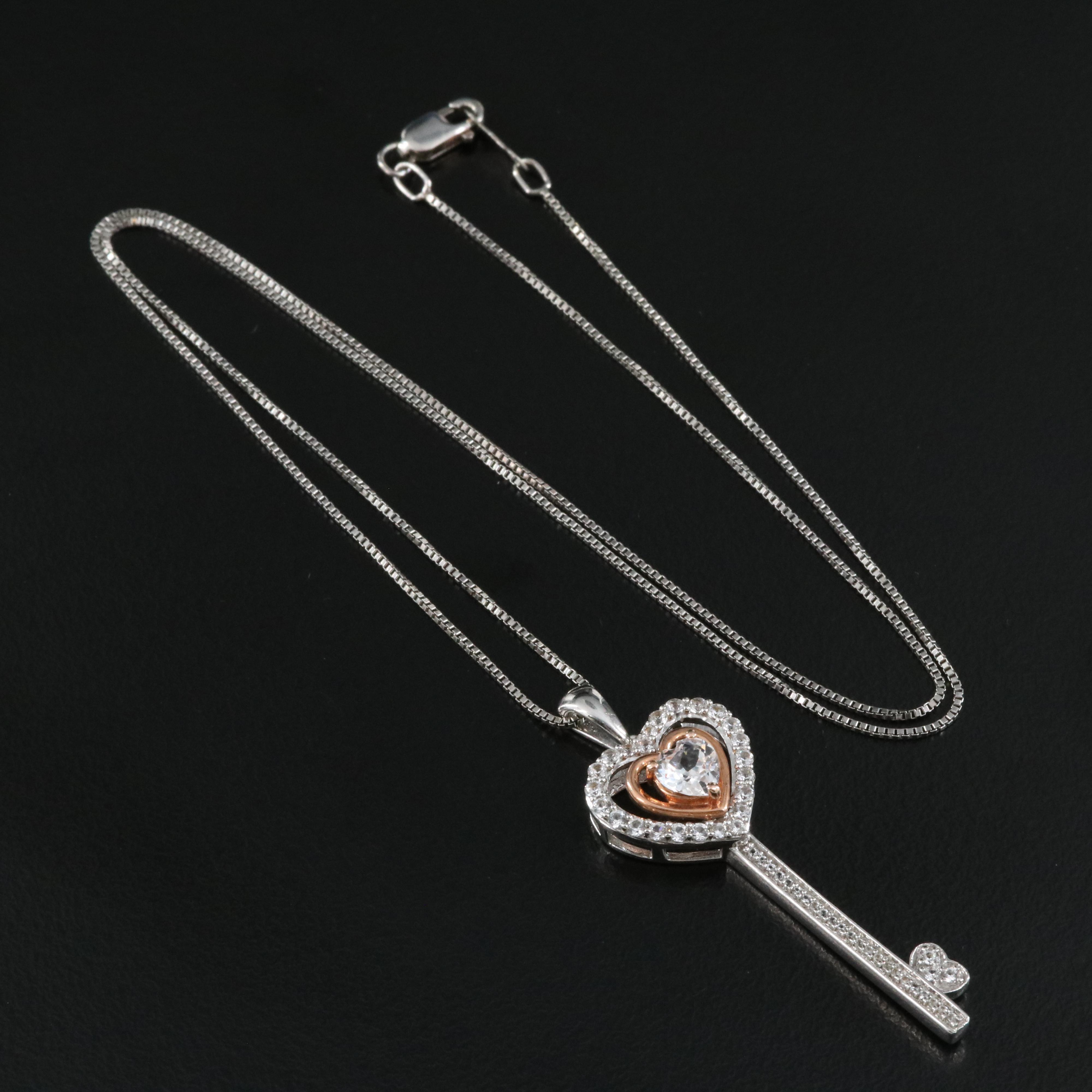 Sterling Sapphire Key Necklace with 10K Rose Gold Accent