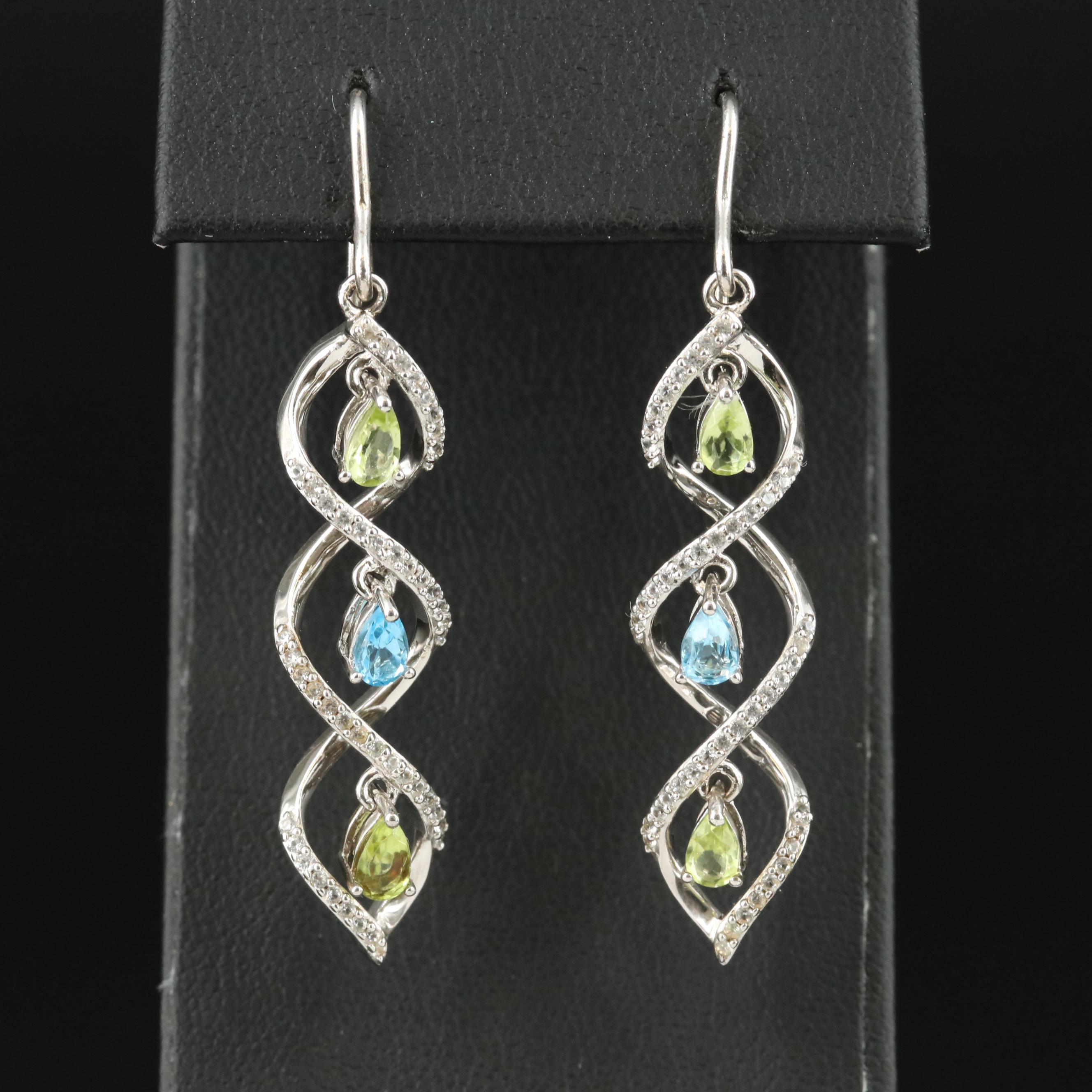 Sterling Topaz, Peridot and Sapphire Spiral Earrings