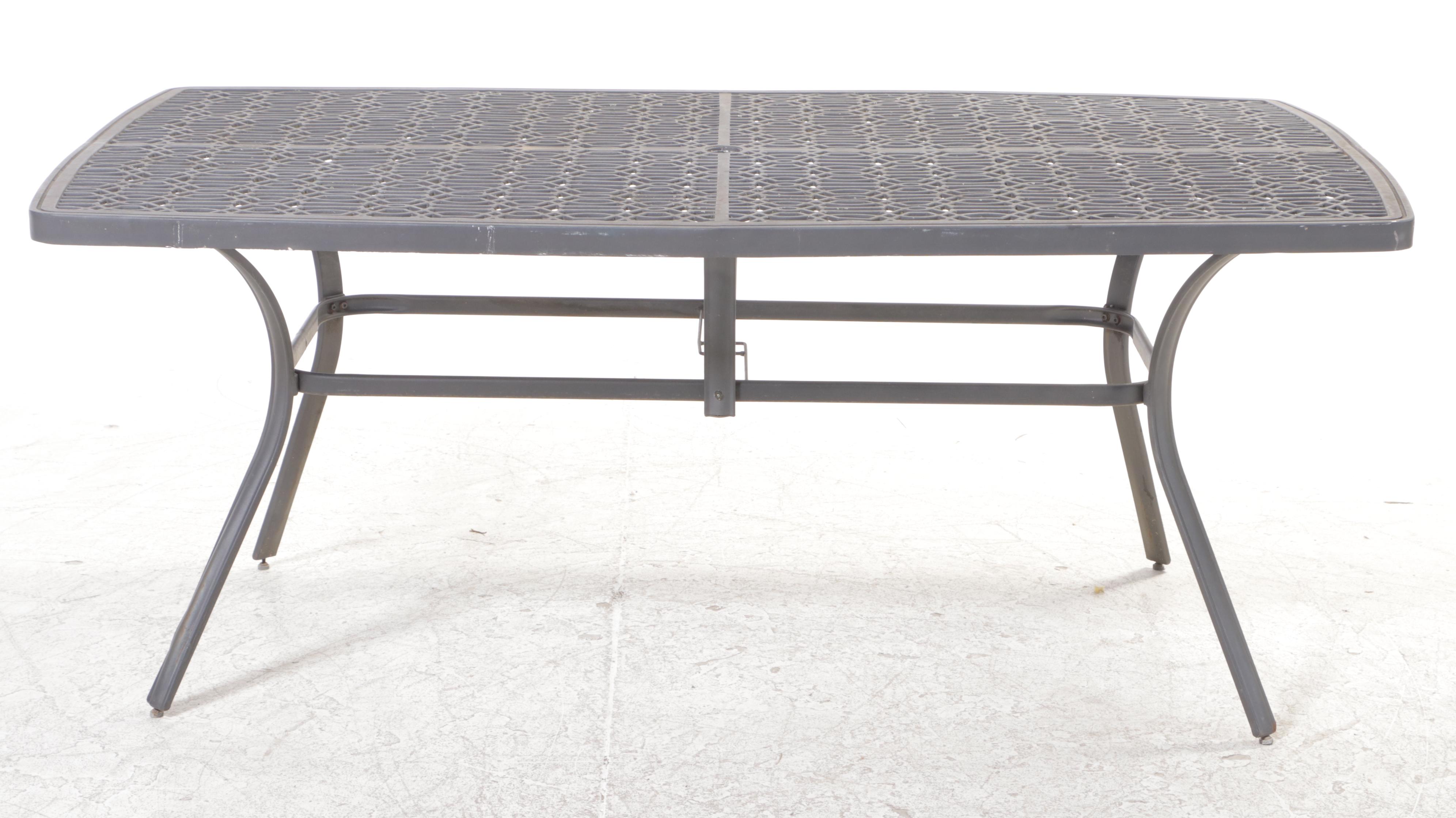 Seven-Piece Cast Metal Patio Dining Set with Umbrella