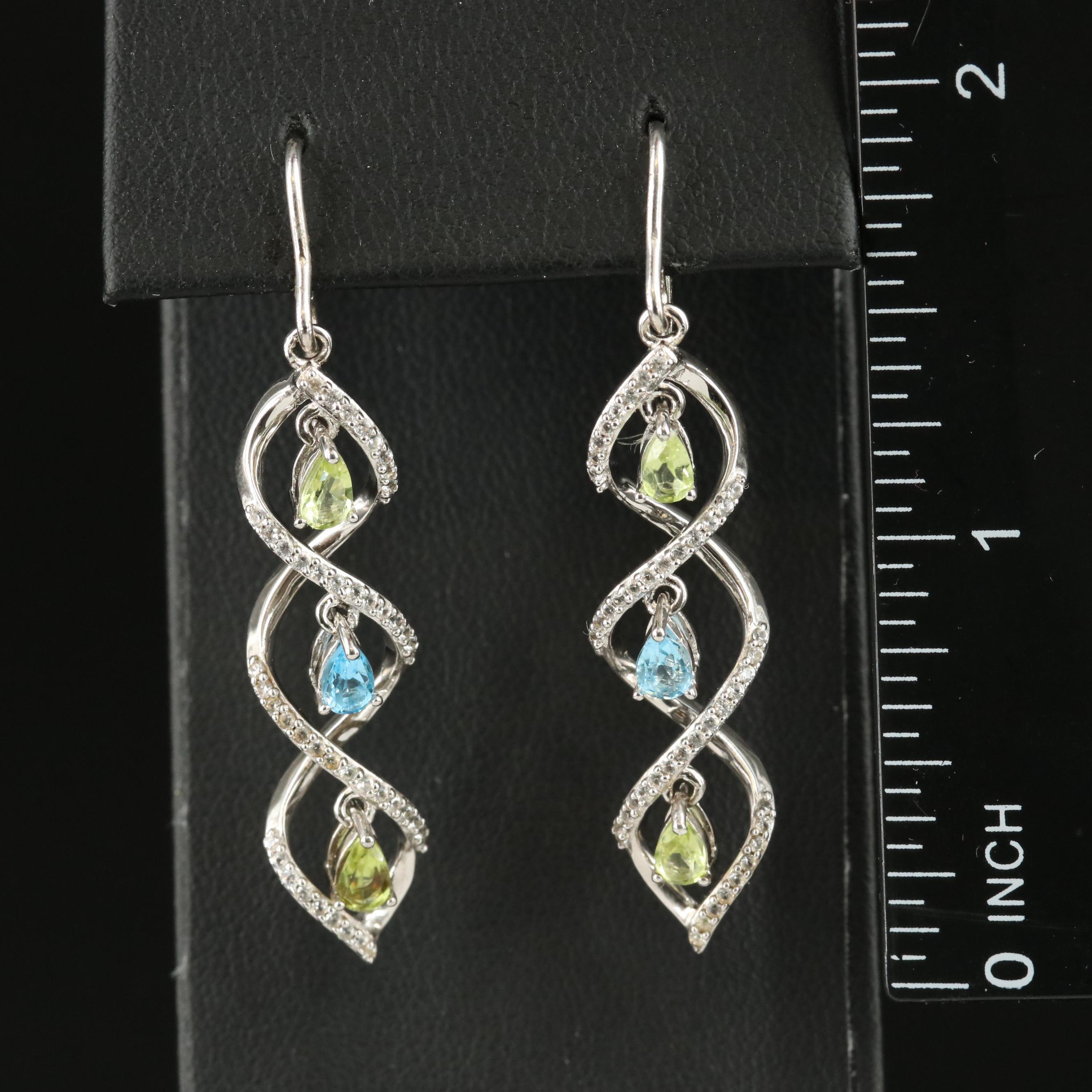Sterling Topaz, Peridot and Sapphire Spiral Earrings