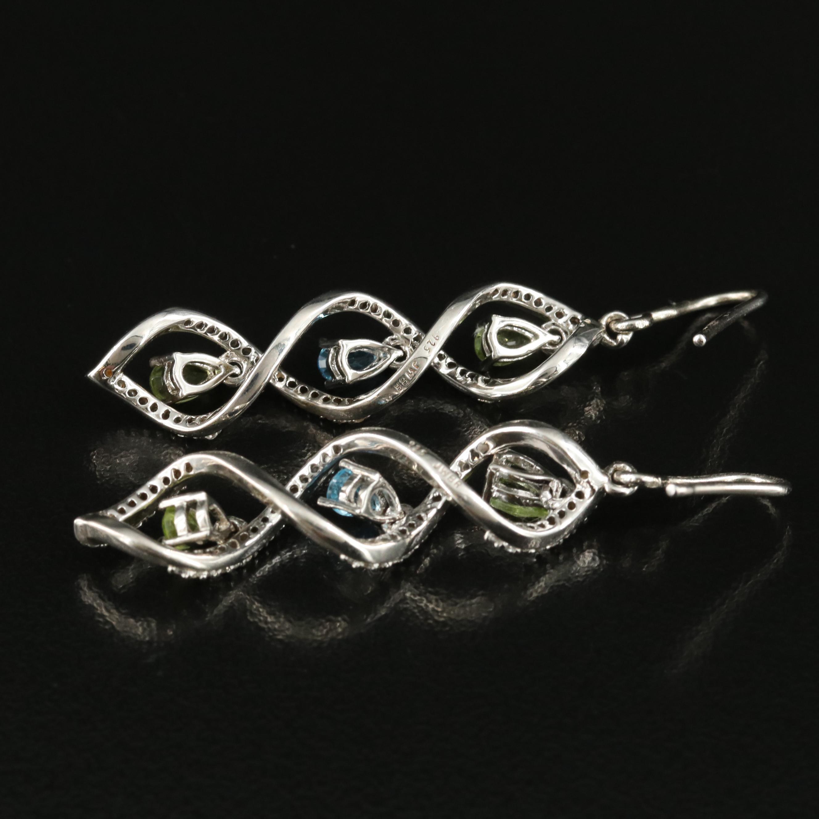 Sterling Topaz, Peridot and Sapphire Spiral Earrings