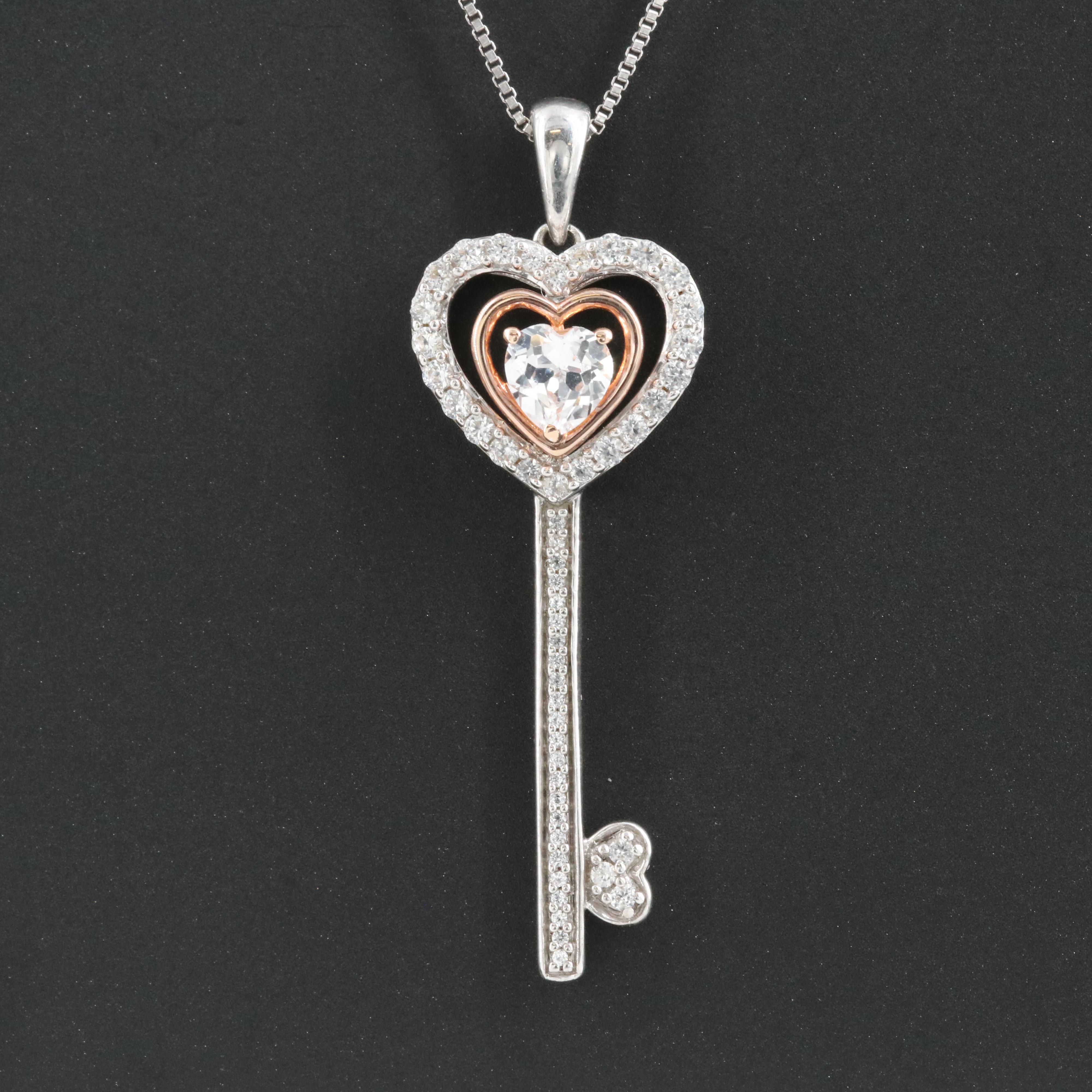 Sterling Sapphire Key Necklace with 10K Rose Gold Accent