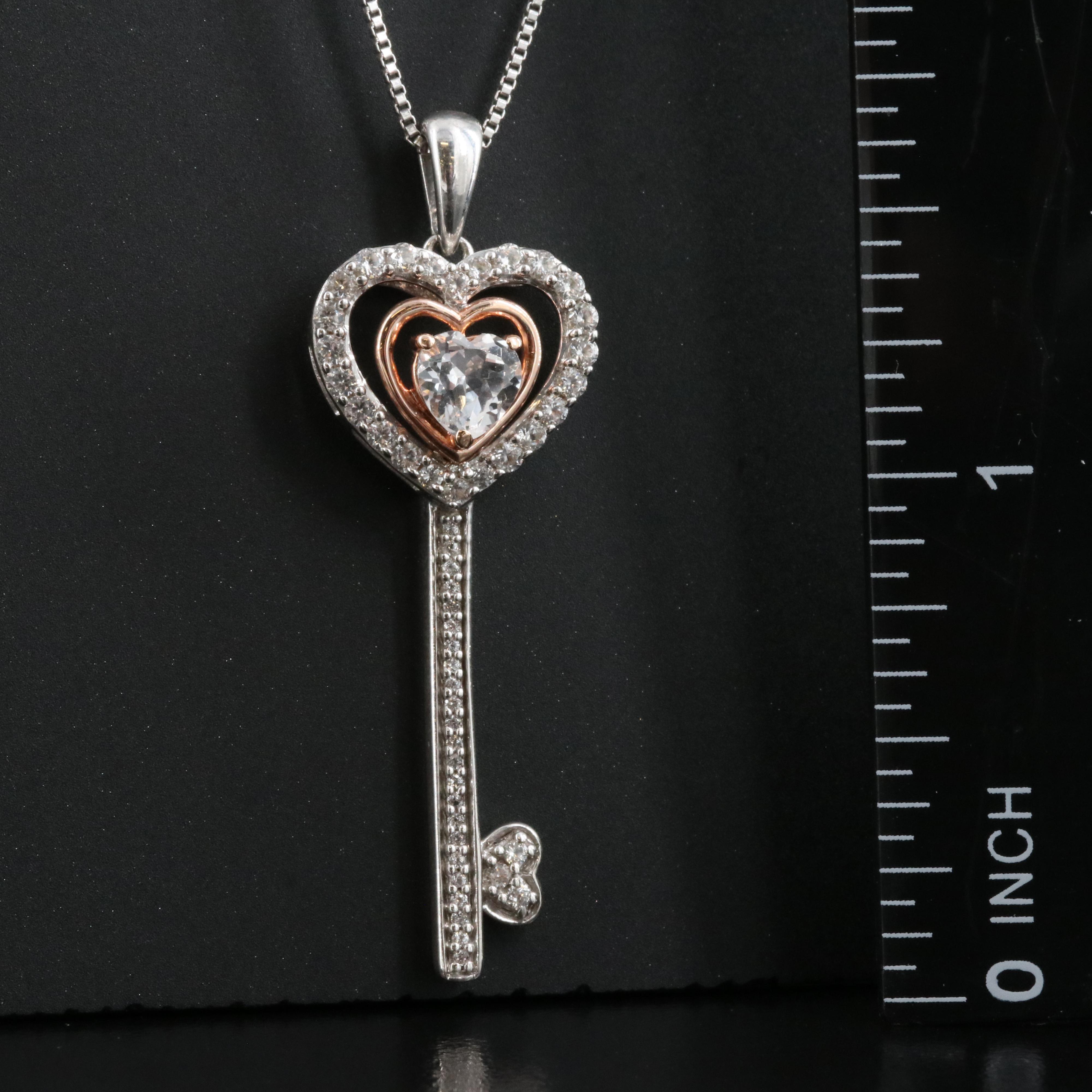 Sterling Sapphire Key Necklace with 10K Rose Gold Accent