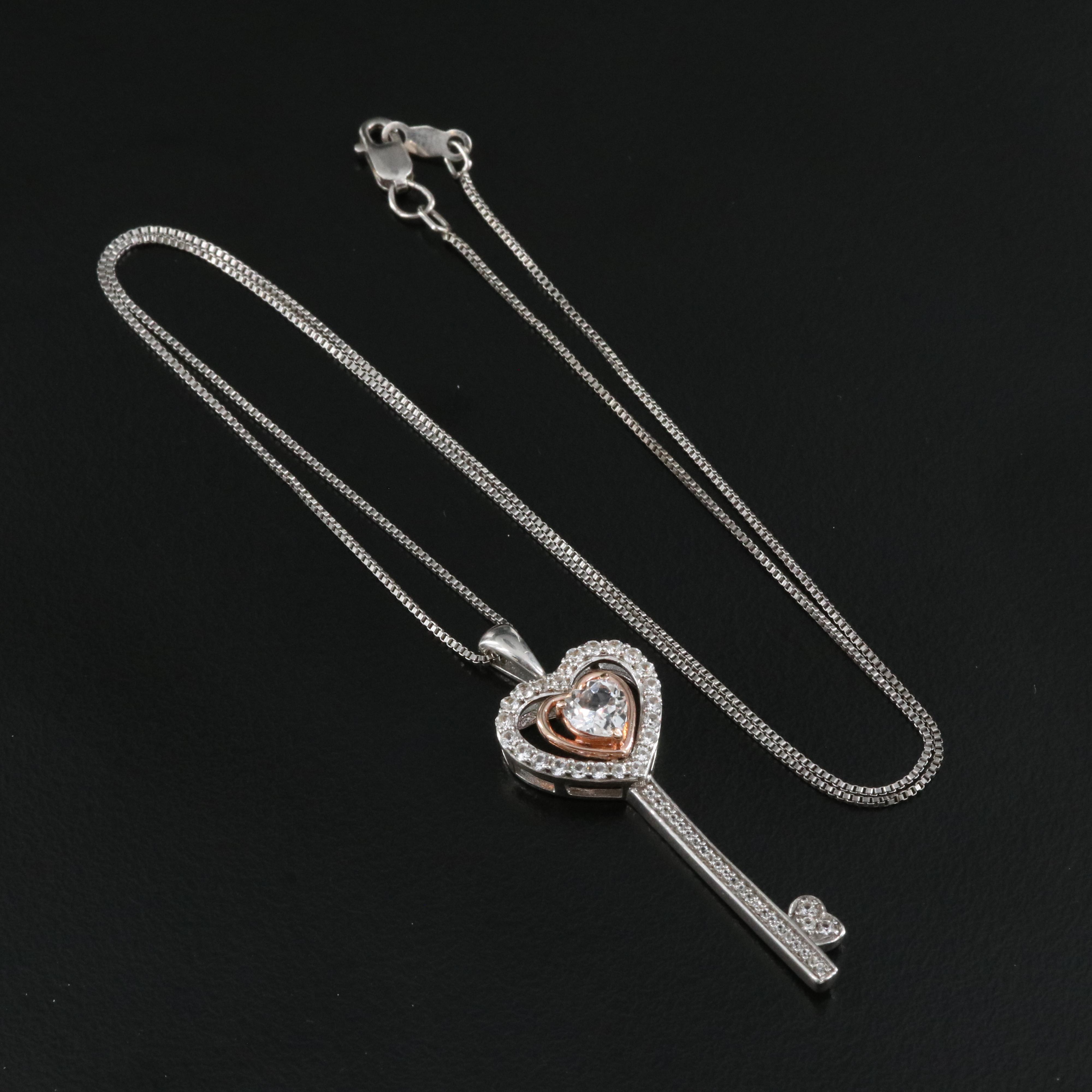 Sterling Sapphire Key Necklace with 10K Rose Gold Accent