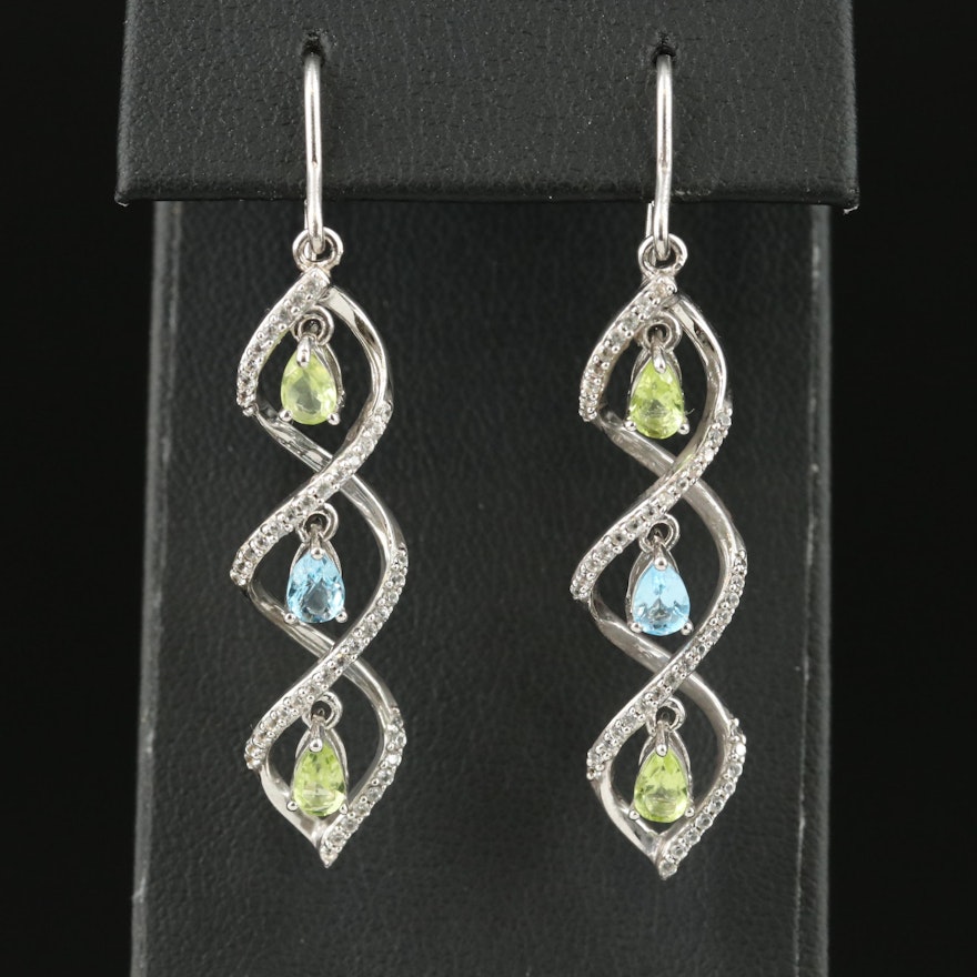Sterling Topaz, Peridot and Sapphire Spiral Drop Earrings