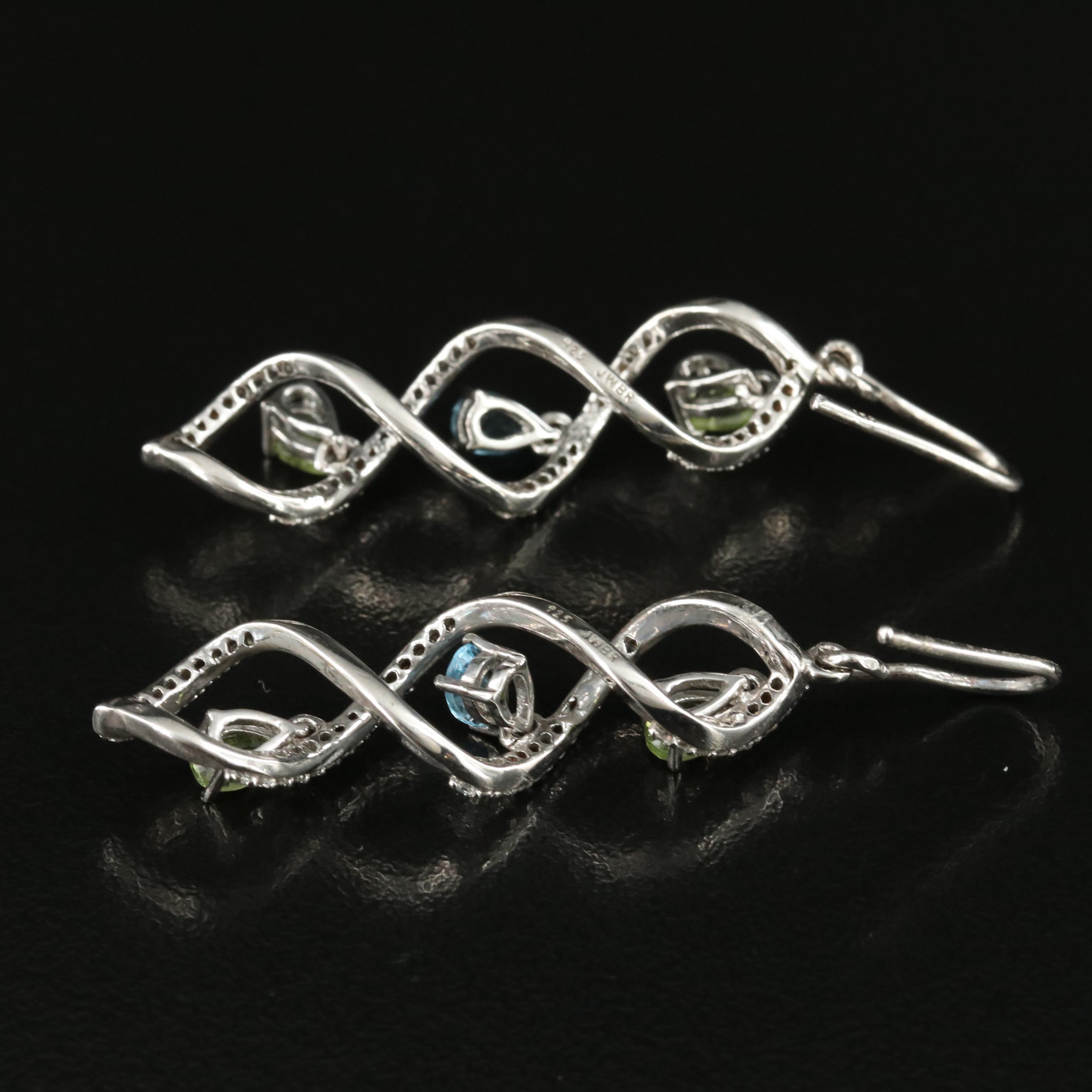 Sterling Topaz, Peridot and Sapphire Spiral Drop Earrings