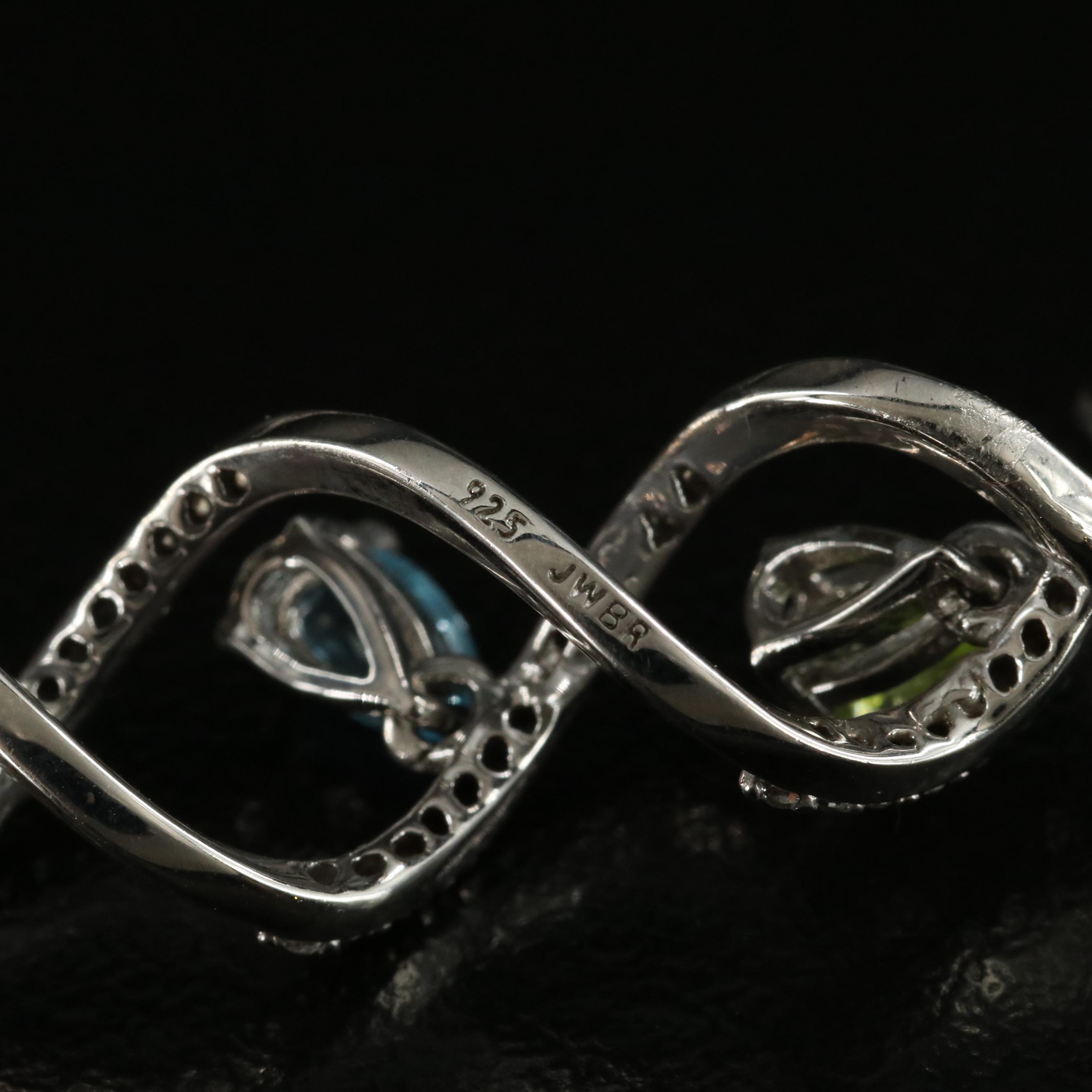 Sterling Topaz, Peridot and Sapphire Spiral Drop Earrings