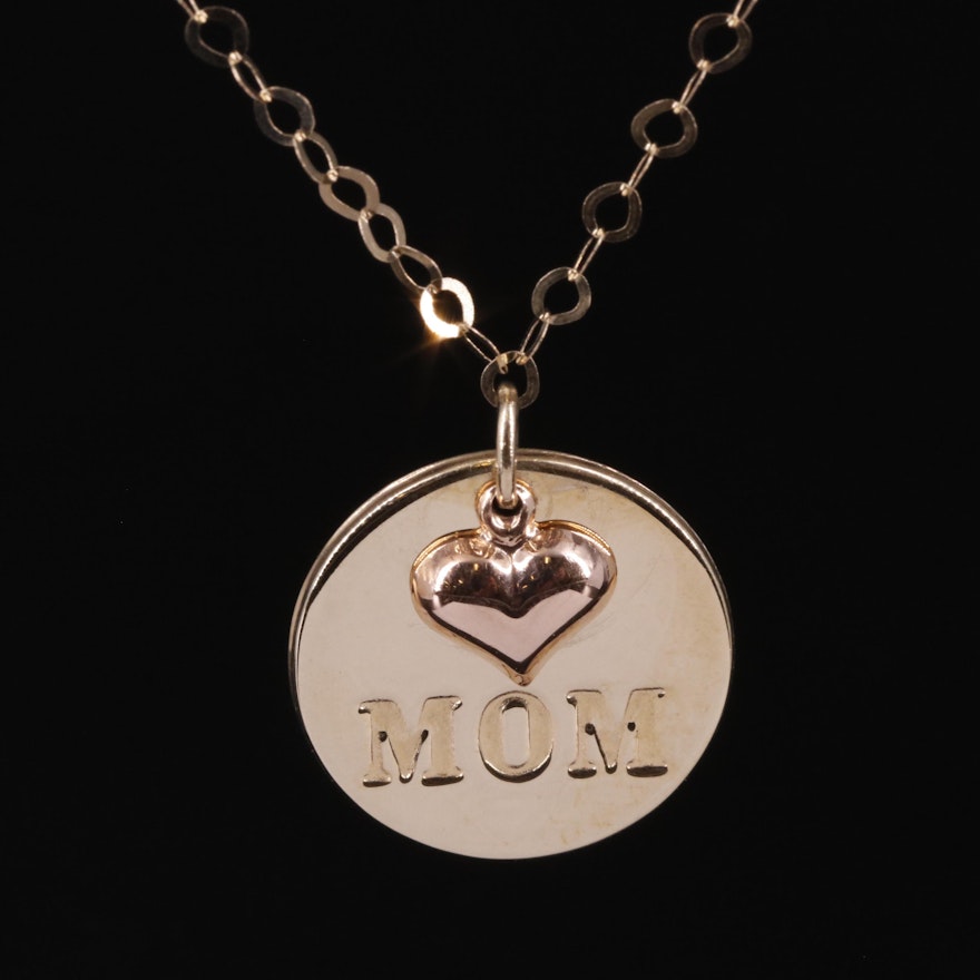 10K 'Mom' Tag and Heart Charm on Cable Chain Necklace